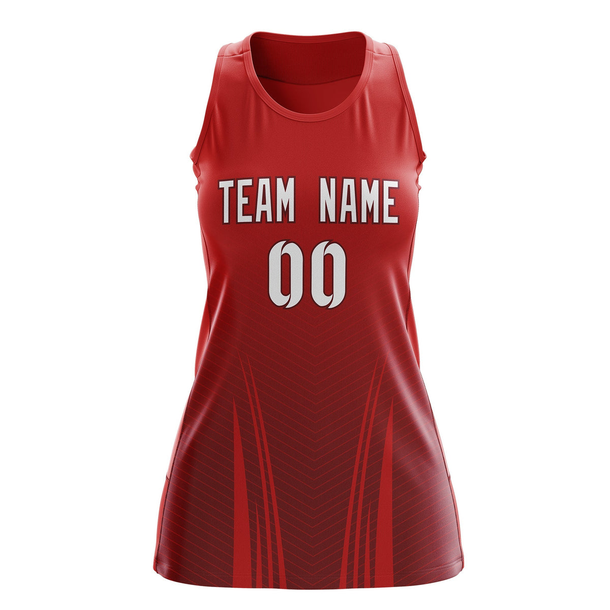 Custom Women Netball Dress | Red Crimson V-Shaped Pinstripes Uniform with Name &amp; Number