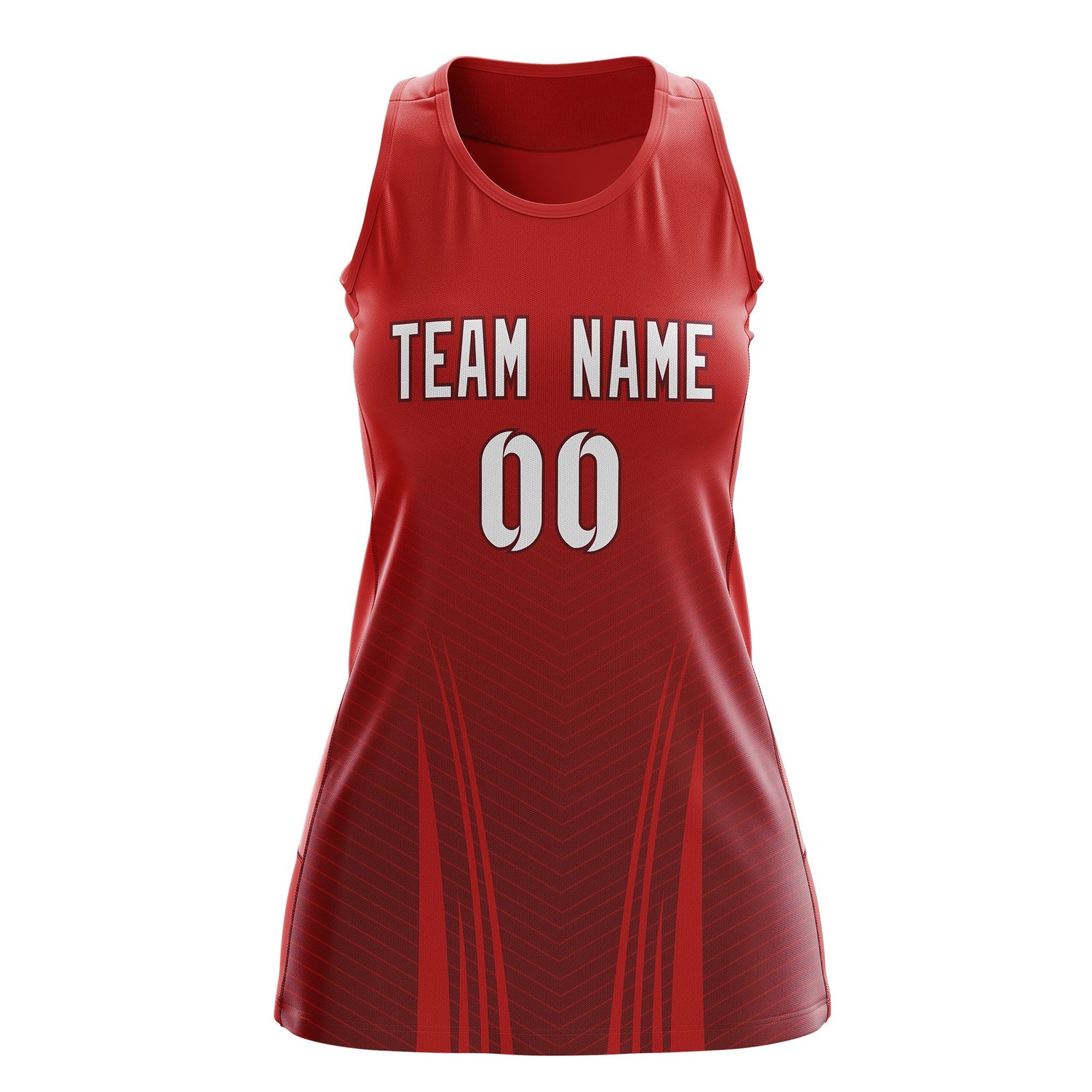 Custom Women Netball Dress | Red Crimson V-Shaped Pinstripes Uniform with Name & Number