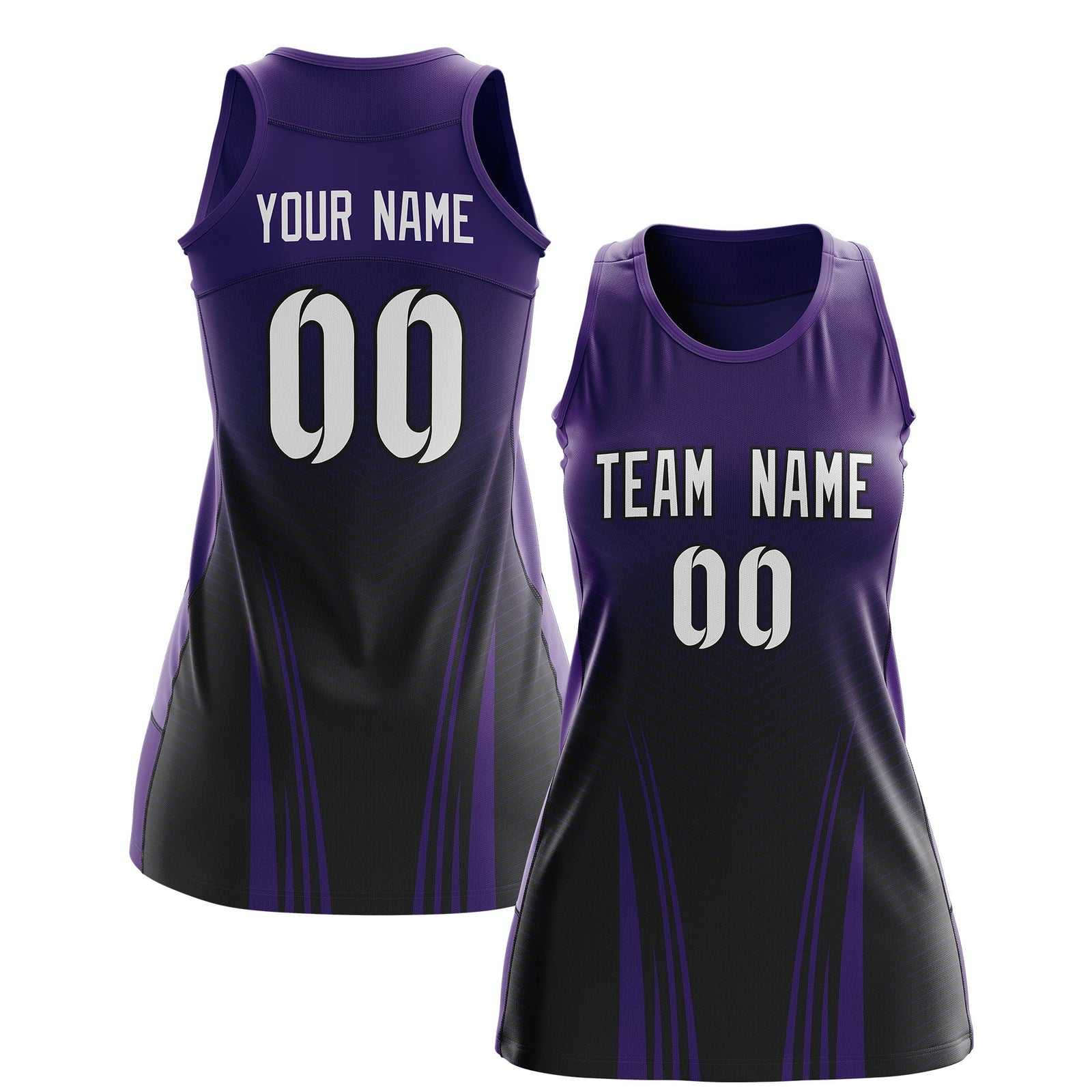 Custom Netball Dress | Purple Black V-Shaped Pinstripes Gradient Team Uniform