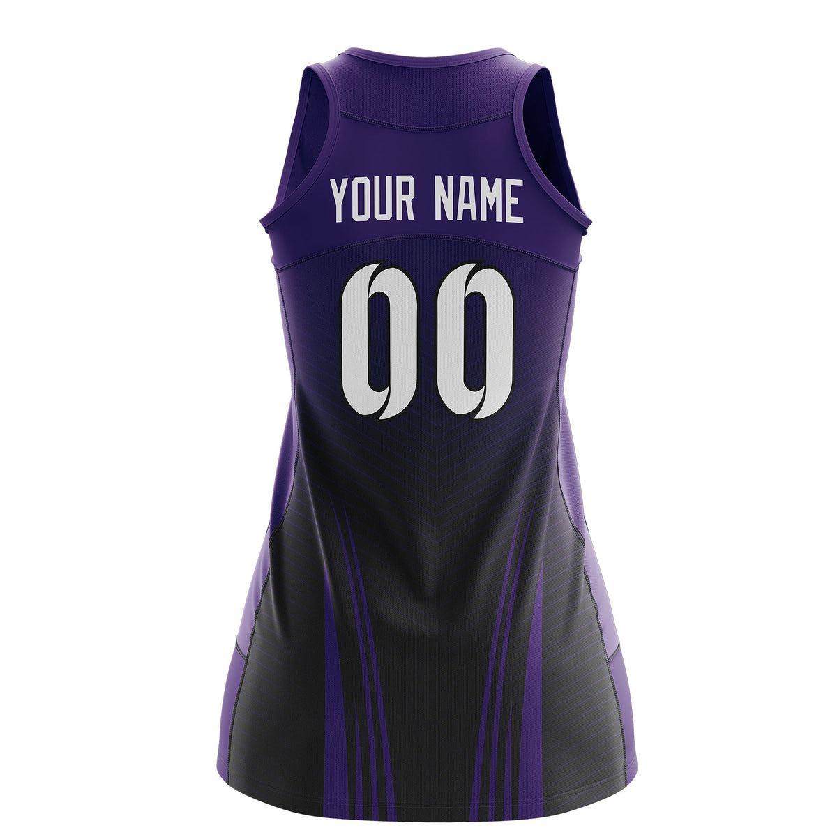 Custom Netball Dress | Purple Black V-Shaped Pinstripes Gradient Team Uniform