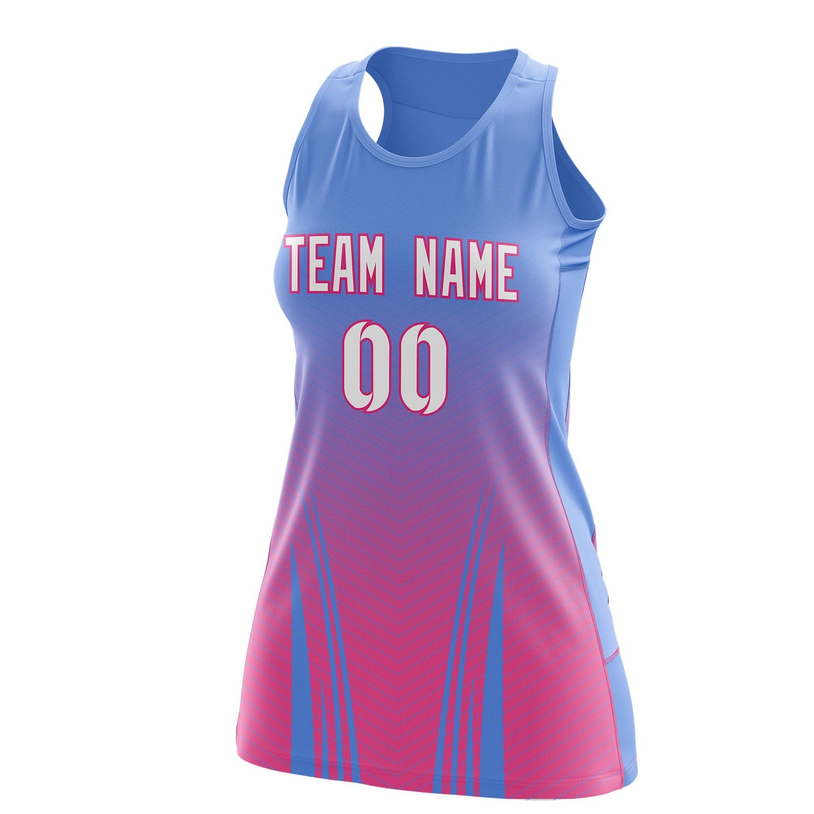 Custom Women Netball Dress | Light Blue Pink V-Shaped Pinstripes Uniform with Name & Number