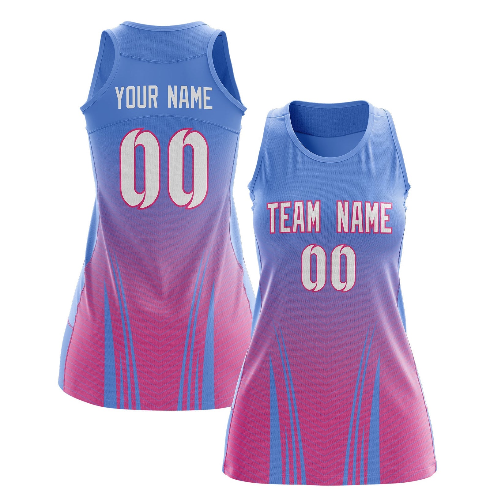 Custom Women Netball Dress | Light Blue Pink V-Shaped Pinstripes Uniform with Name & Number