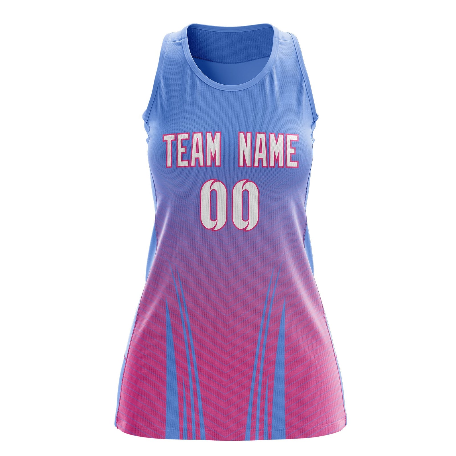 Custom Women Netball Dress | Light Blue Pink V-Shaped Pinstripes Uniform with Name & Number
