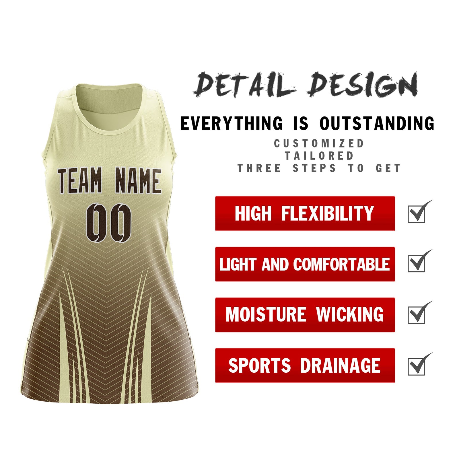 Custom Netball Dress | Cream Light Brown V-Shaped Pinstripes Gradient Team Uniform