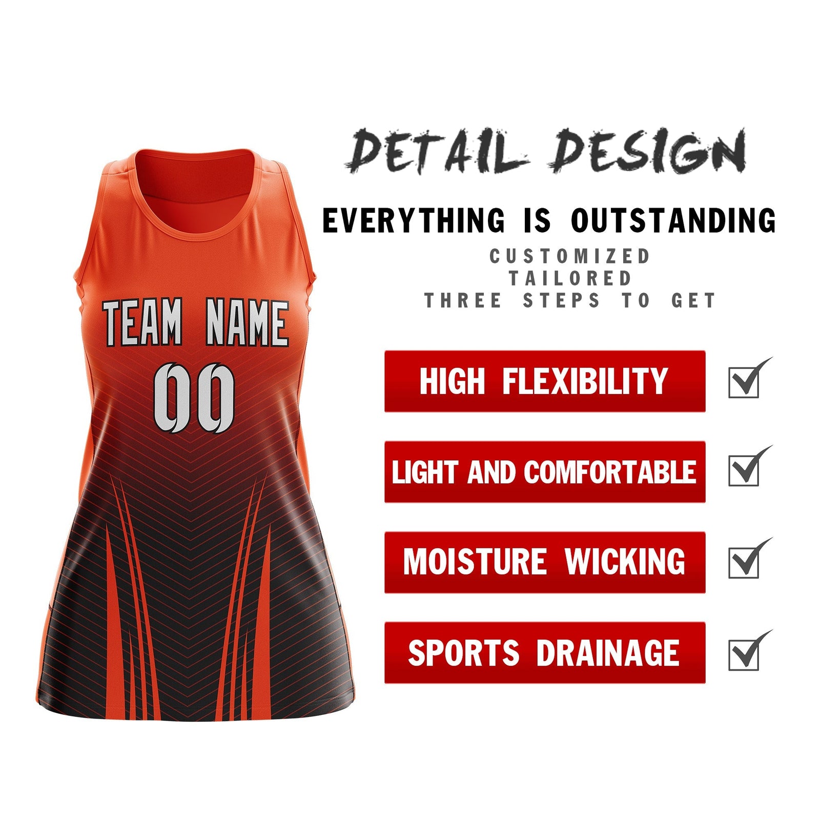 Custom Netball Dress Orange Black for Women with V-Shaped Pinstripes Personalized Team Uniform
