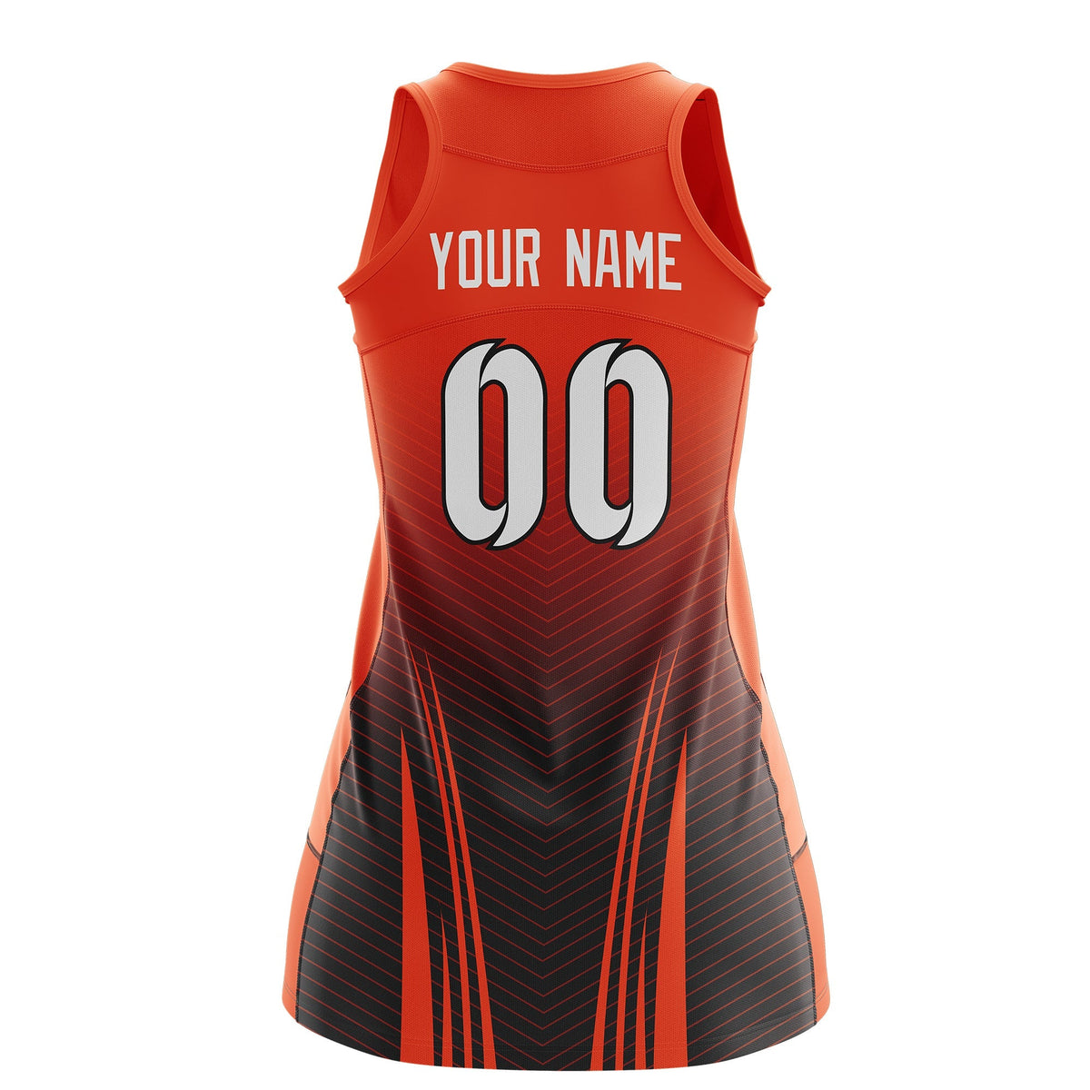 Custom Netball Dress Orange Black for Women with V-Shaped Pinstripes Personalized Team Uniform