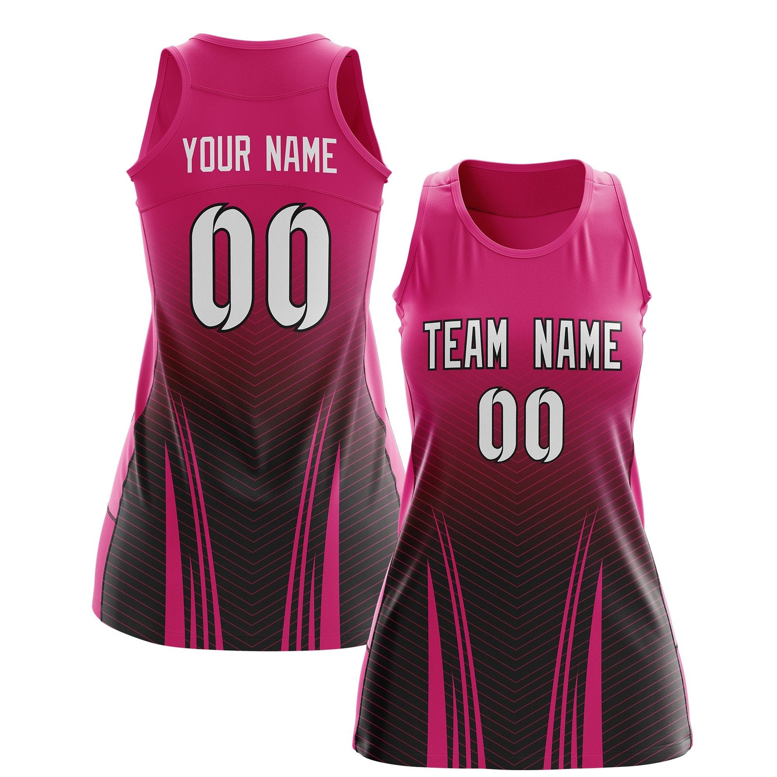 Custom Women Netball Dress | Rose Red Black V-Shaped Pinstripes Uniform with Name & Number