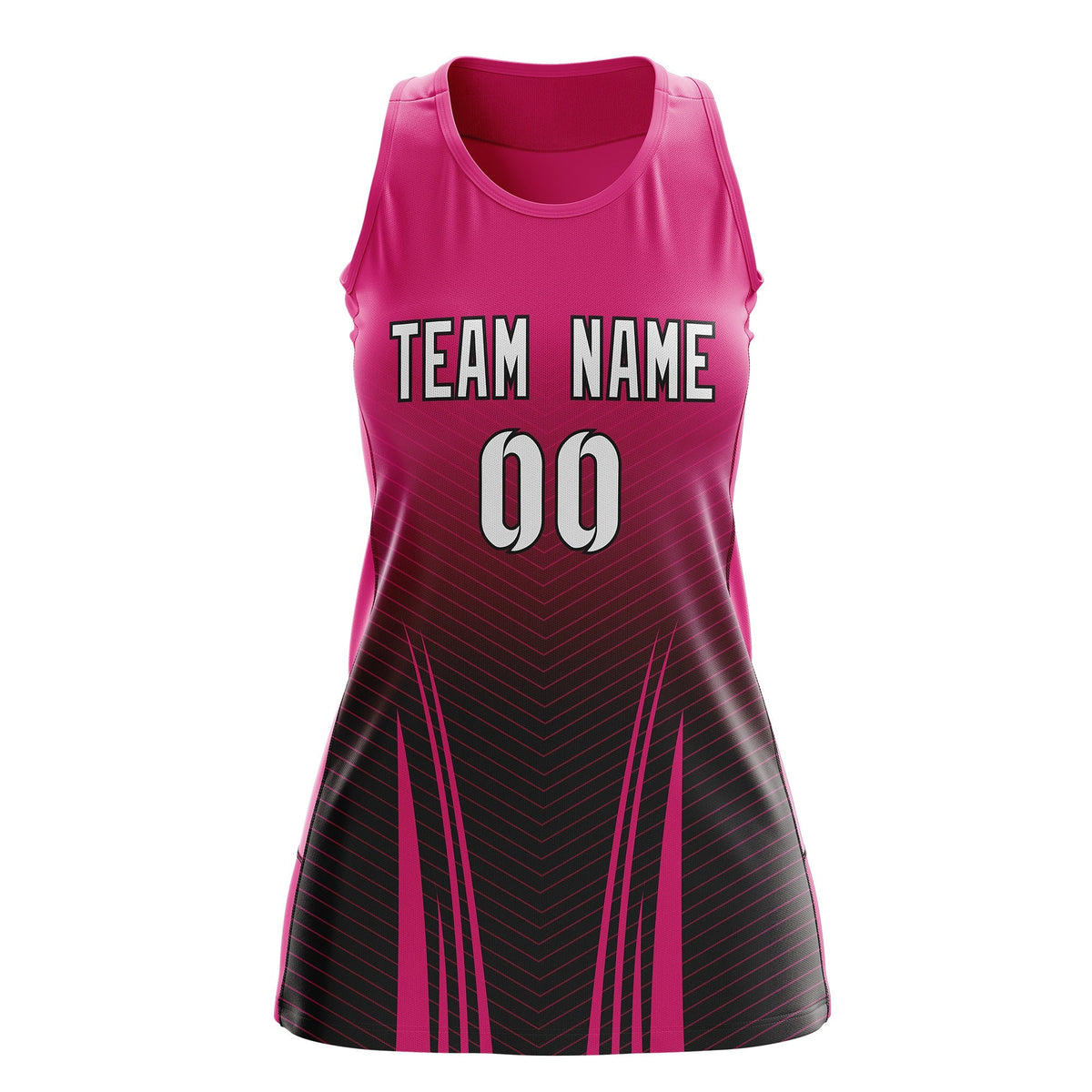 Custom Women Netball Dress | Rose Red Black V-Shaped Pinstripes Uniform with Name &amp; Number