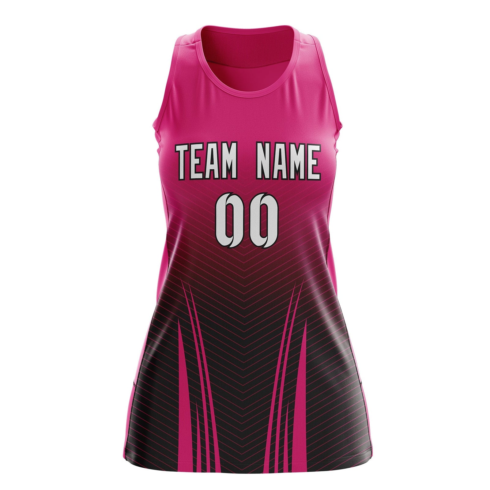 Custom Women Netball Dress | Rose Red Black V-Shaped Pinstripes Uniform with Name & Number