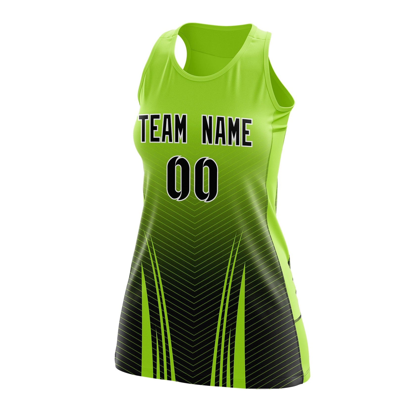 Custom Netball Dress | Neon Green Black V-Shaped Pinstripes Gradient Team Uniform