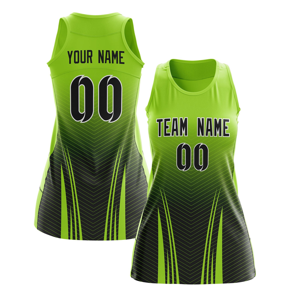 Custom Netball Dress | Neon Green Black V-Shaped Pinstripes Gradient Team Uniform