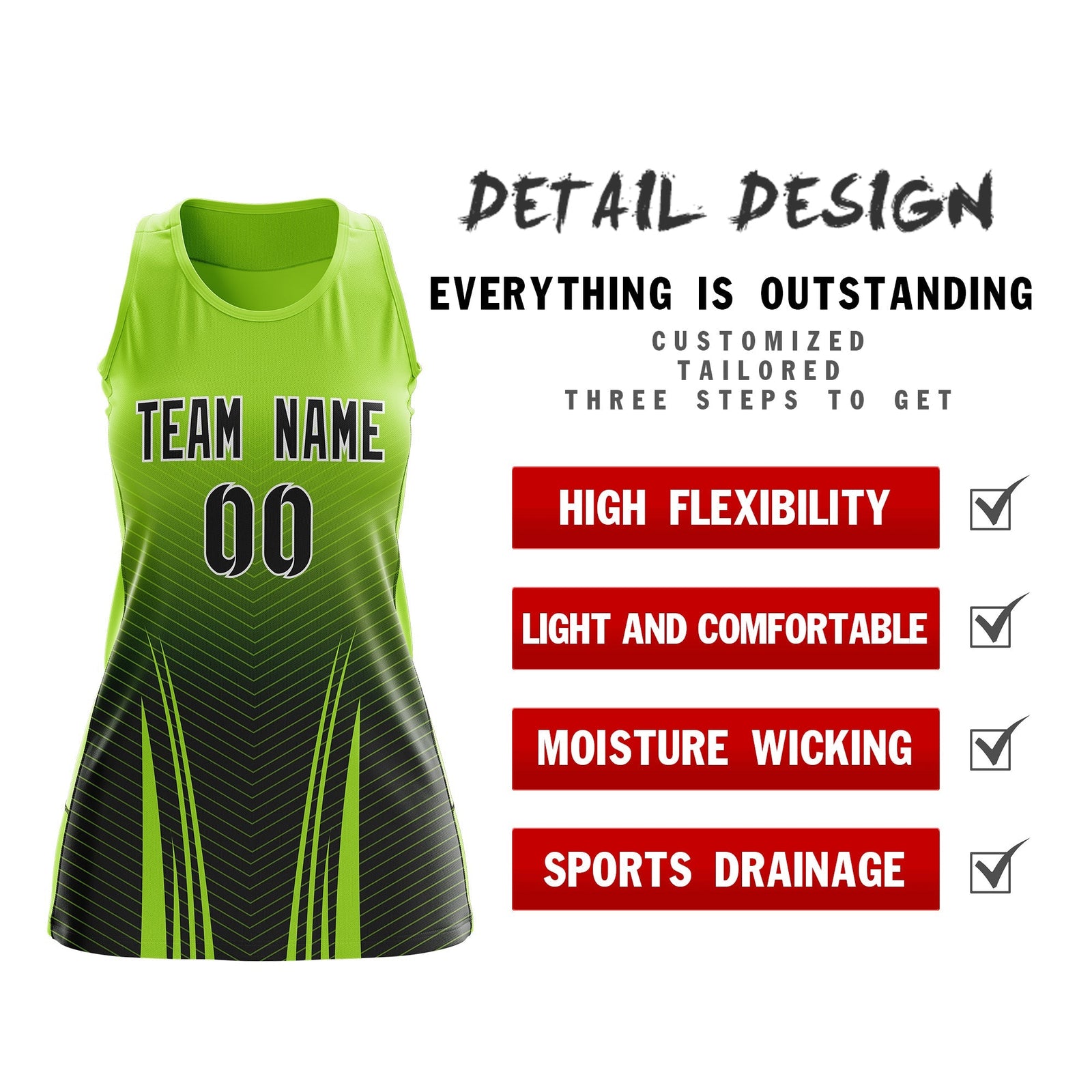 Custom Netball Dress | Neon Green Black V-Shaped Pinstripes Gradient Team Uniform