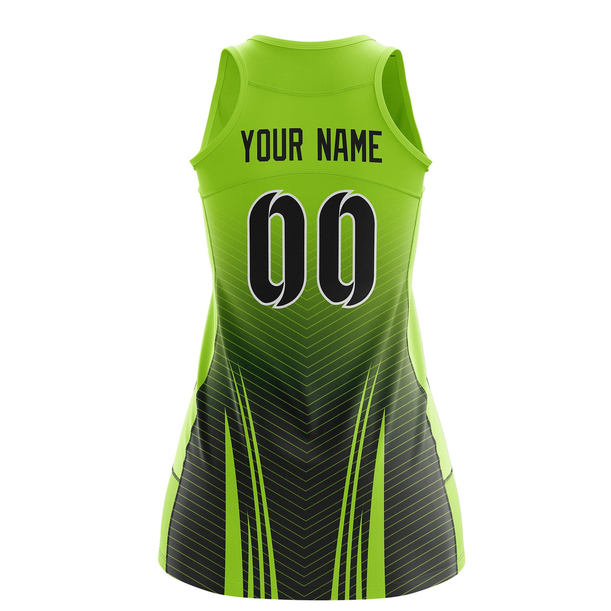 Custom Netball Dress | Neon Green Black V-Shaped Pinstripes Gradient Team Uniform