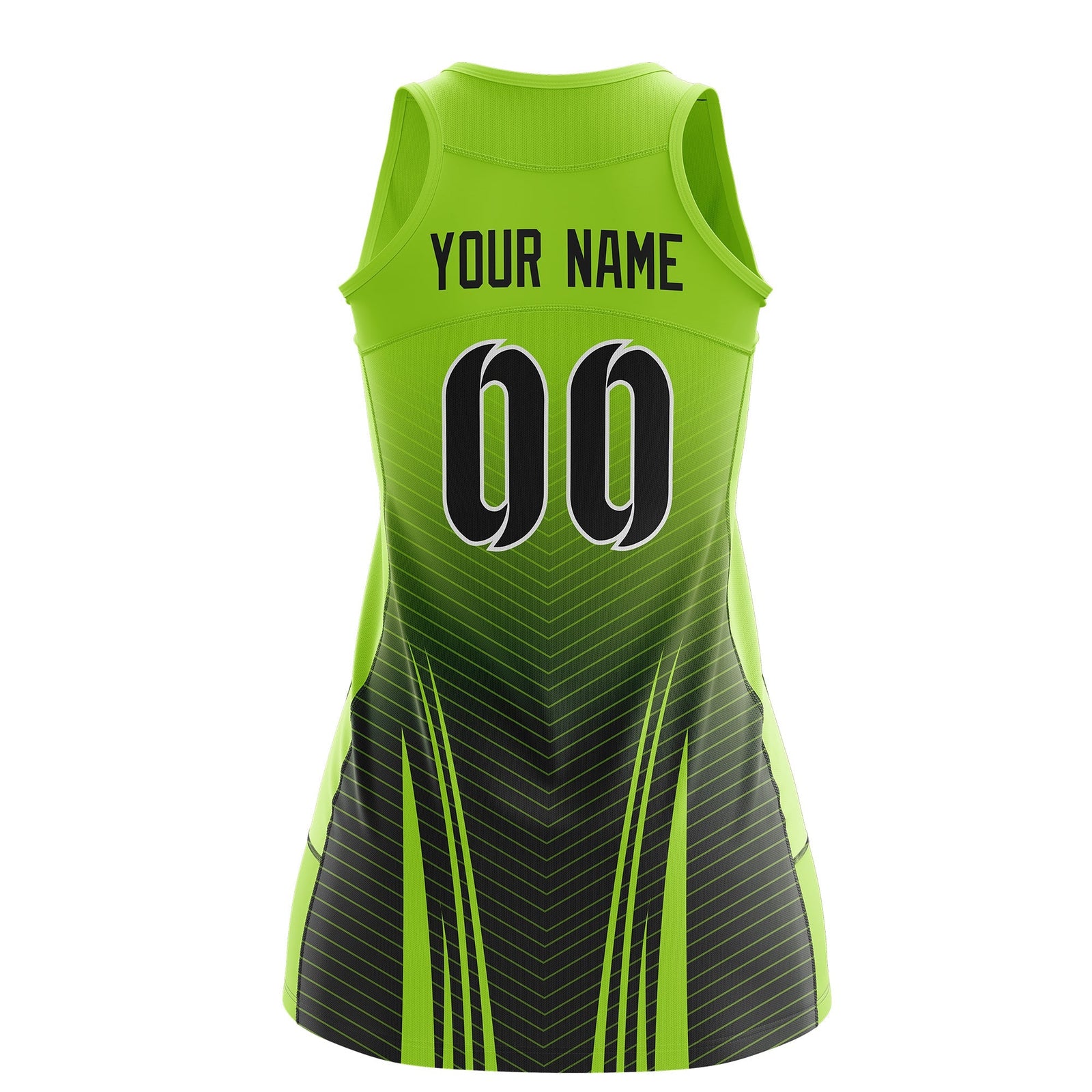 Custom Netball Dress | Neon Green Black V-Shaped Pinstripes Gradient Team Uniform