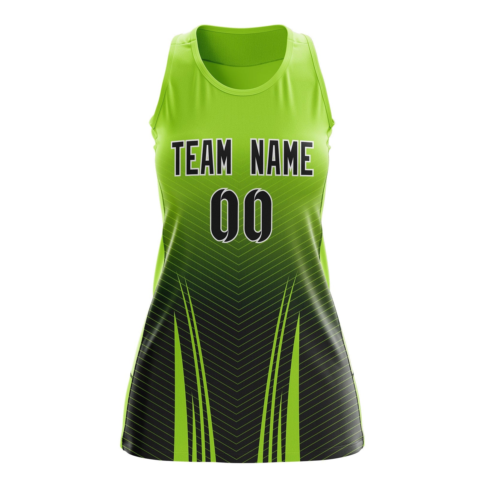 Custom Netball Dress | Neon Green Black V-Shaped Pinstripes Gradient Team Uniform