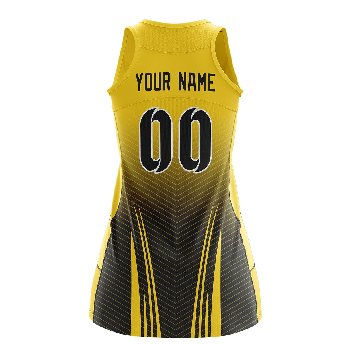 Custom Netball Dress Gold Black for Women with V-Shaped Pinstripes Personalized Team Uniform