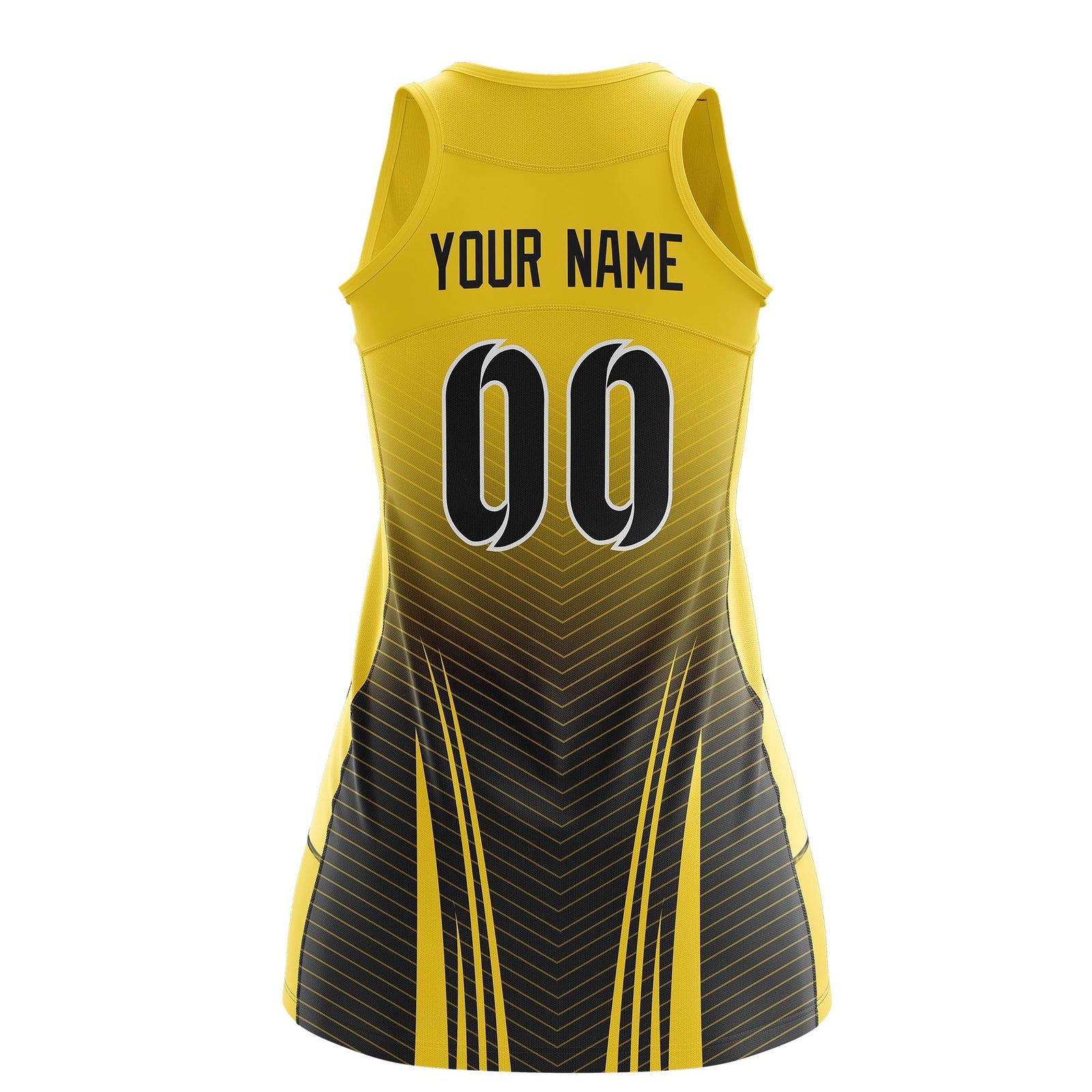 Custom Netball Dress Gold Black for Women with V-Shaped Pinstripes Personalized Team Uniform