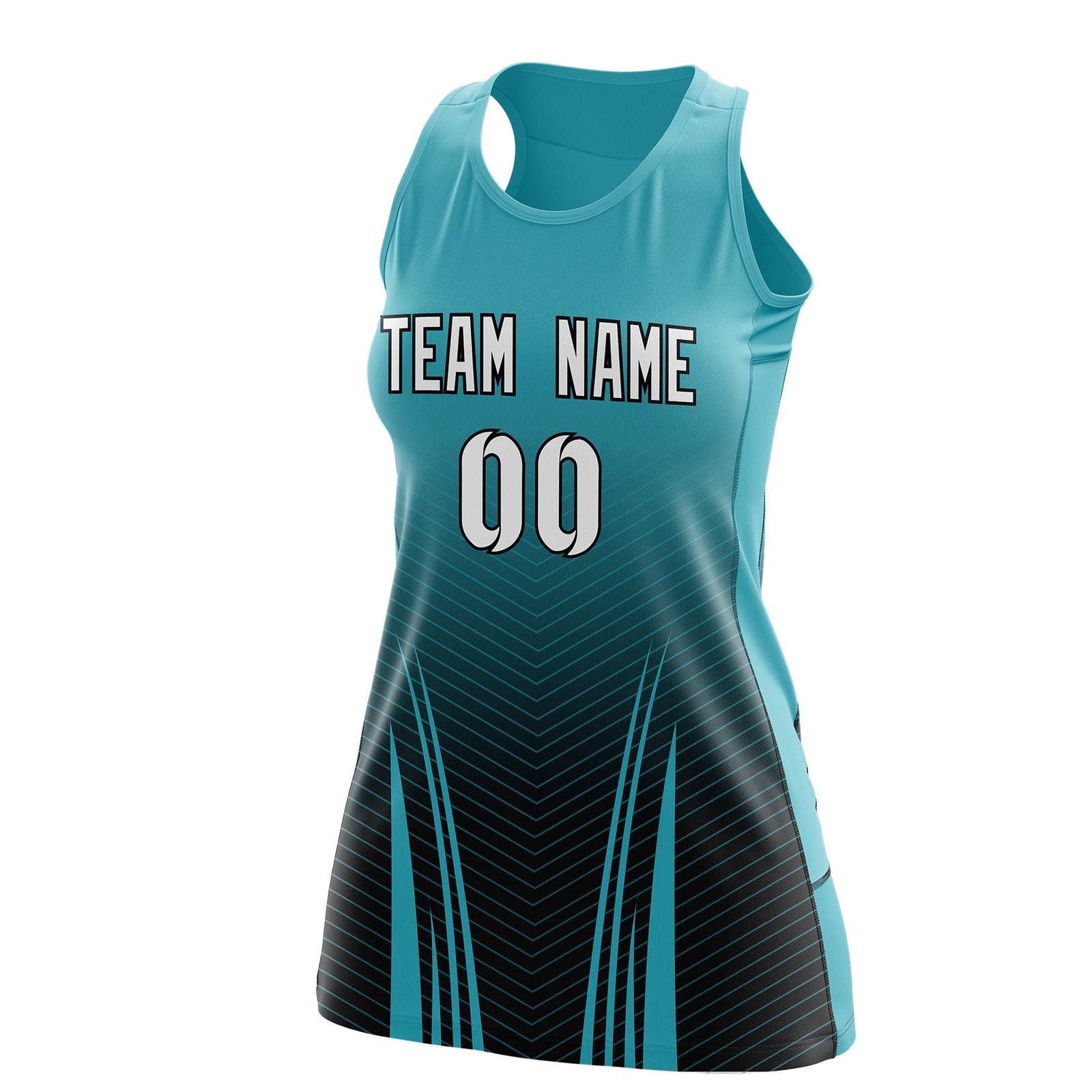 Custom Women Netball Dress | Aqua Black V-Shaped Pinstripes Uniform with Name & Number