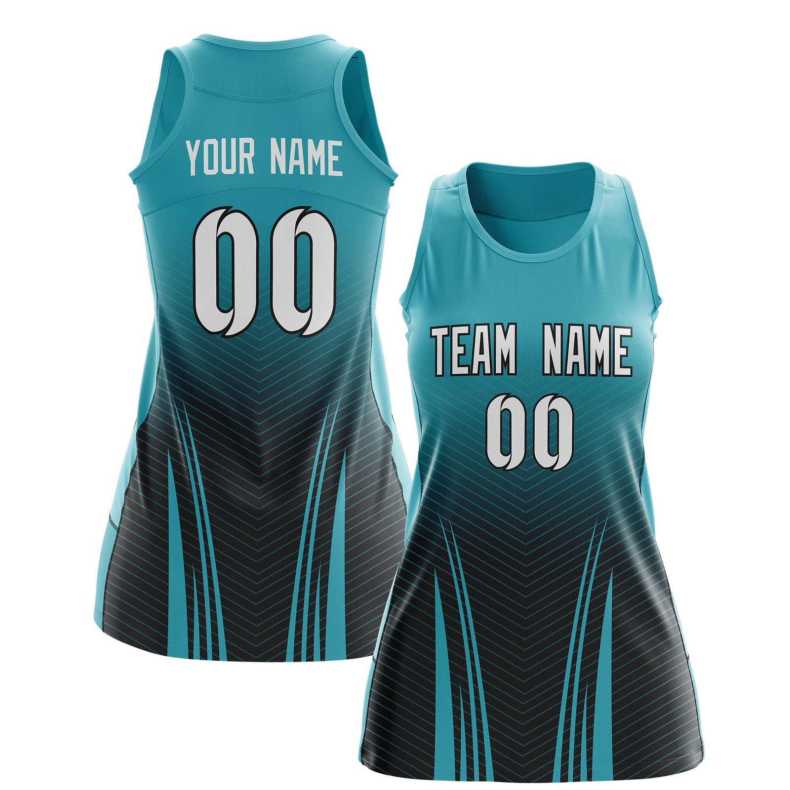Custom Women Netball Dress | Aqua Black V-Shaped Pinstripes Uniform with Name & Number