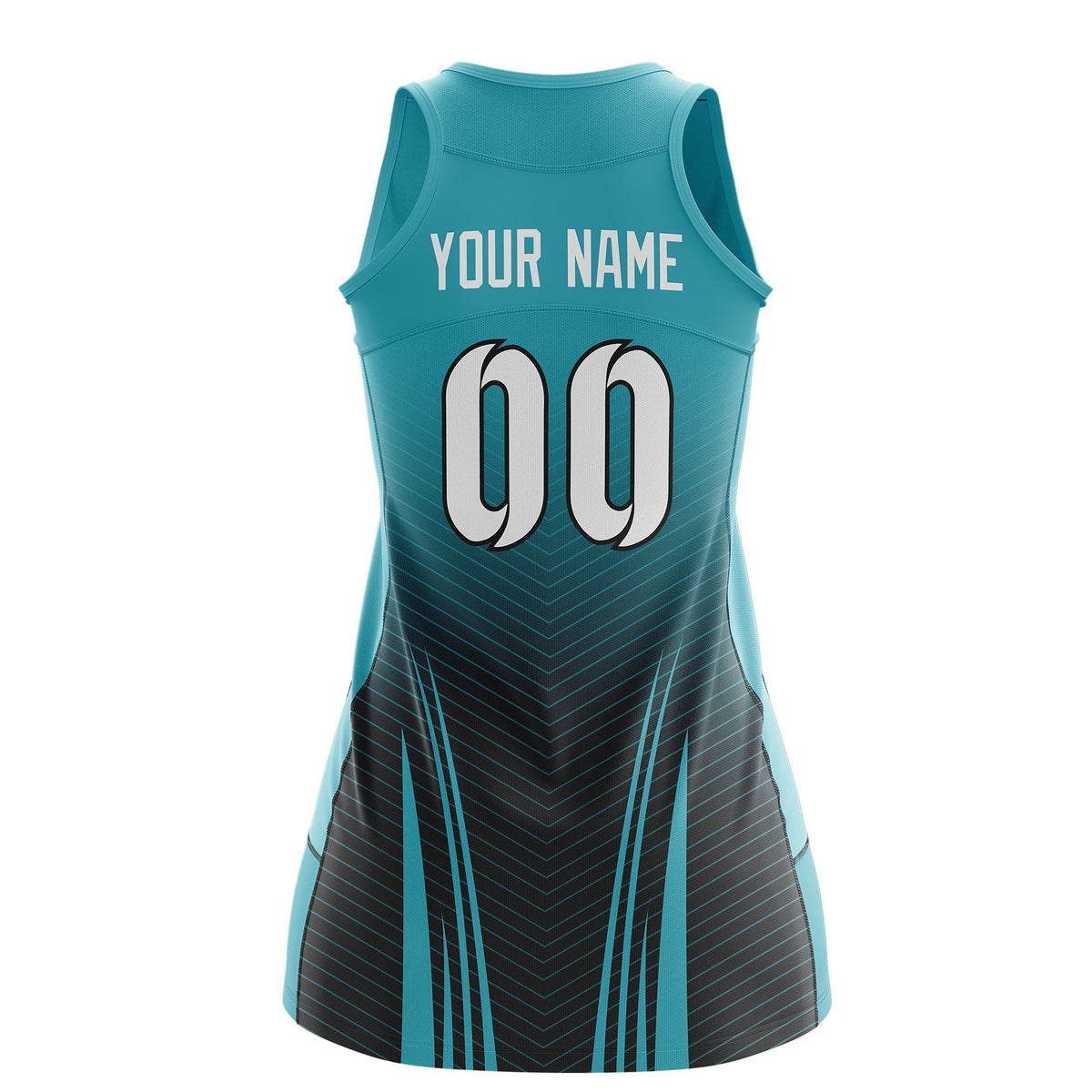 Custom Women Netball Dress | Aqua Black V-Shaped Pinstripes Uniform with Name &amp; Number