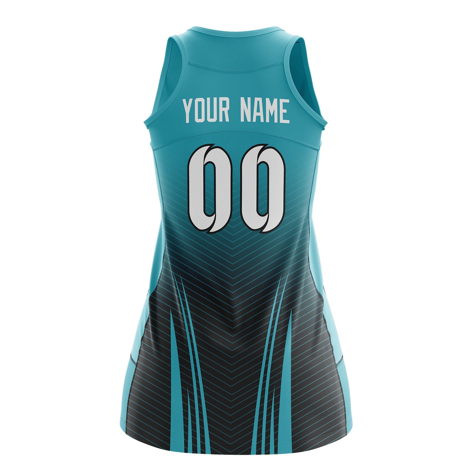 Custom Women Netball Dress | Aqua Black V-Shaped Pinstripes Uniform with Name & Number