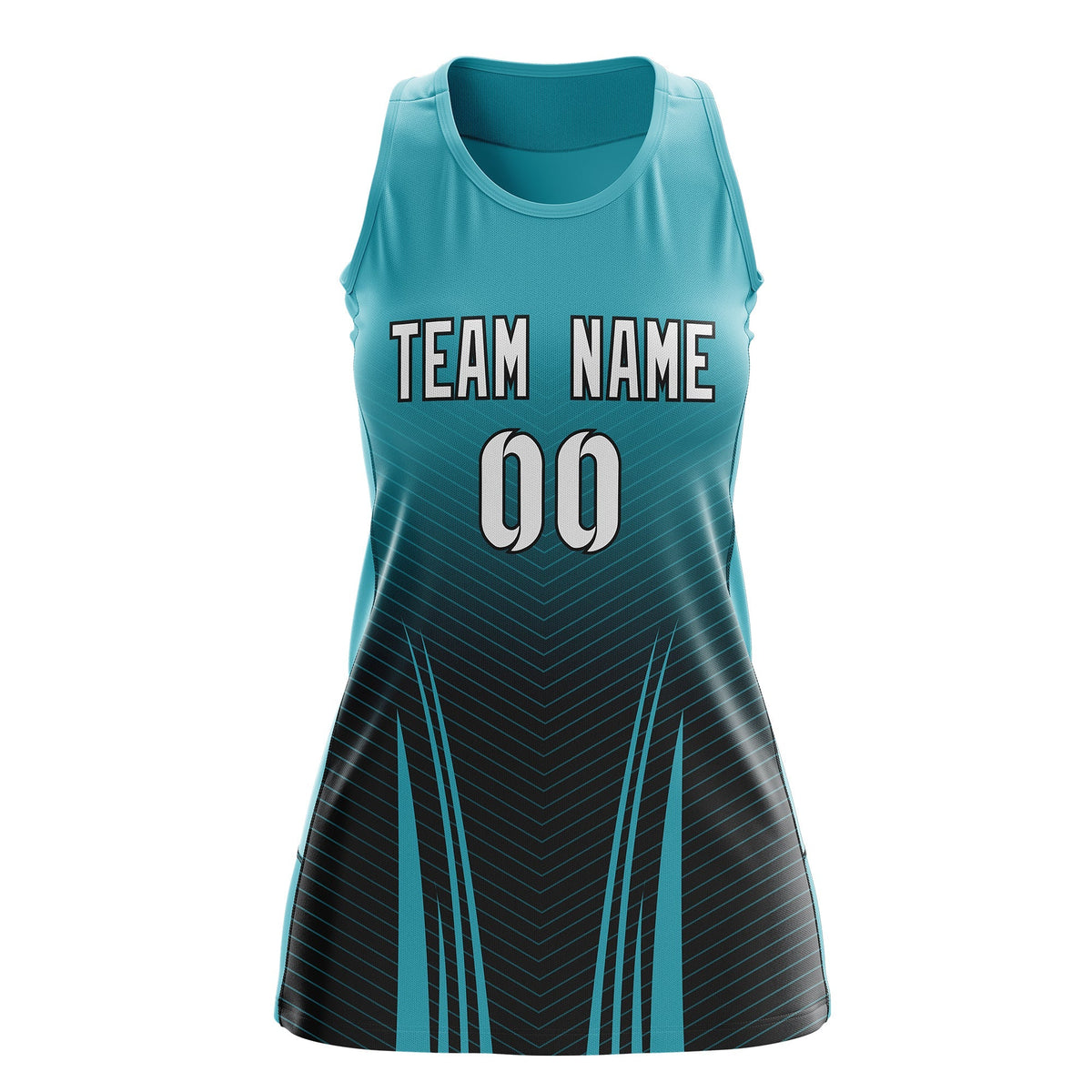 Custom Women Netball Dress | Aqua Black V-Shaped Pinstripes Uniform with Name &amp; Number