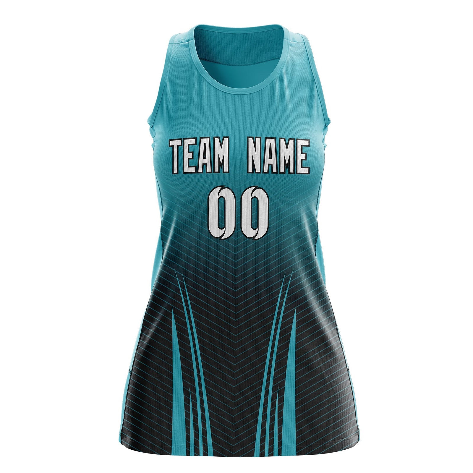 Custom Women Netball Dress | Aqua Black V-Shaped Pinstripes Uniform with Name & Number