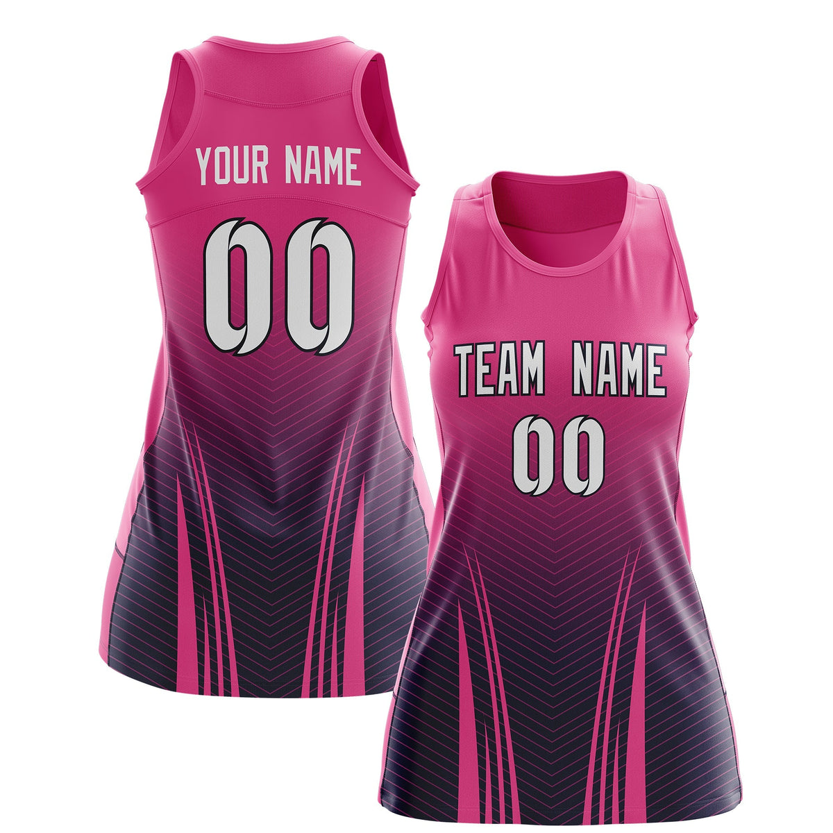 Custom Netball Dress | Rose Red Navy V-Shaped Pinstripes Gradient Team Uniform