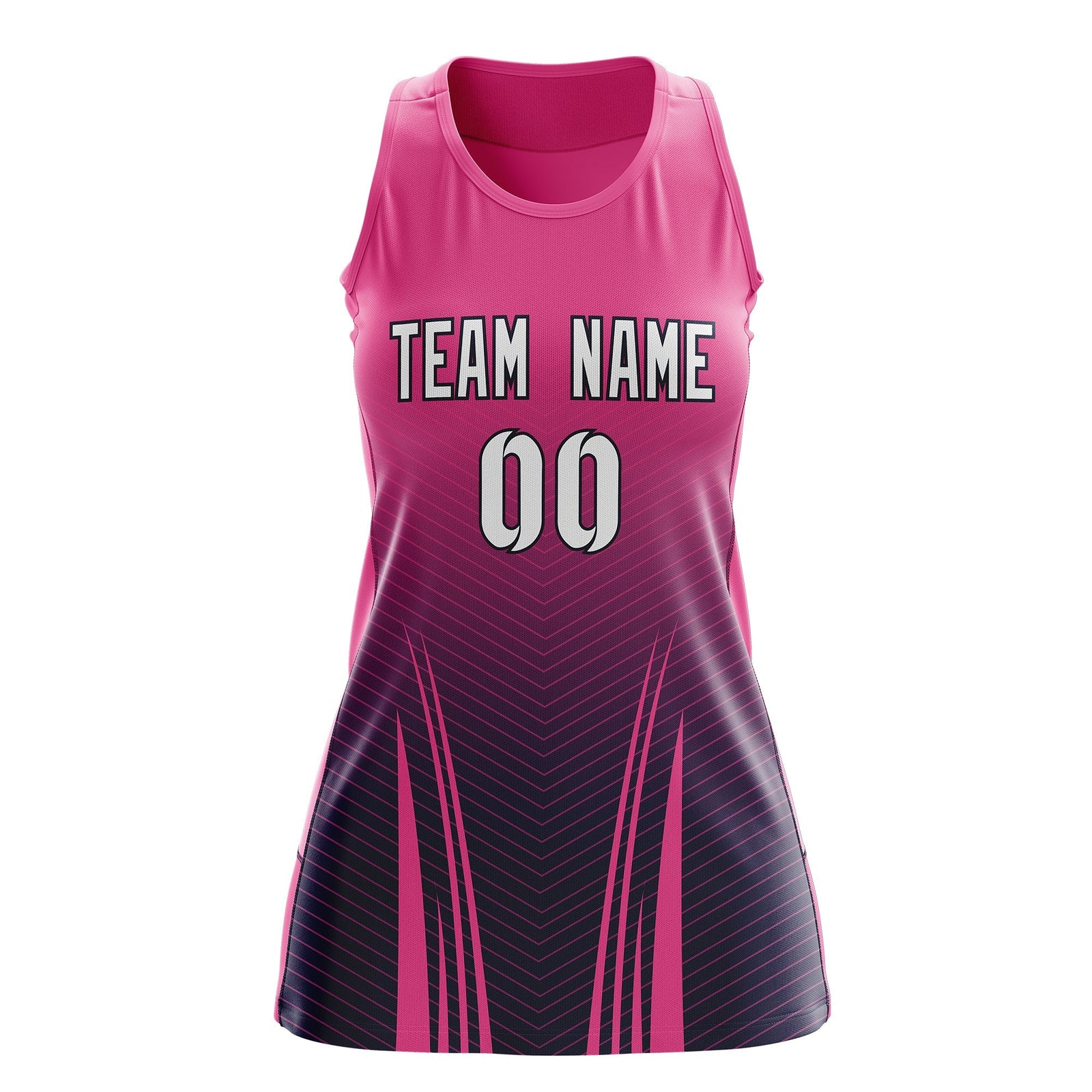 Custom Netball Dress | Rose Red Navy V-Shaped Pinstripes Gradient Team Uniform