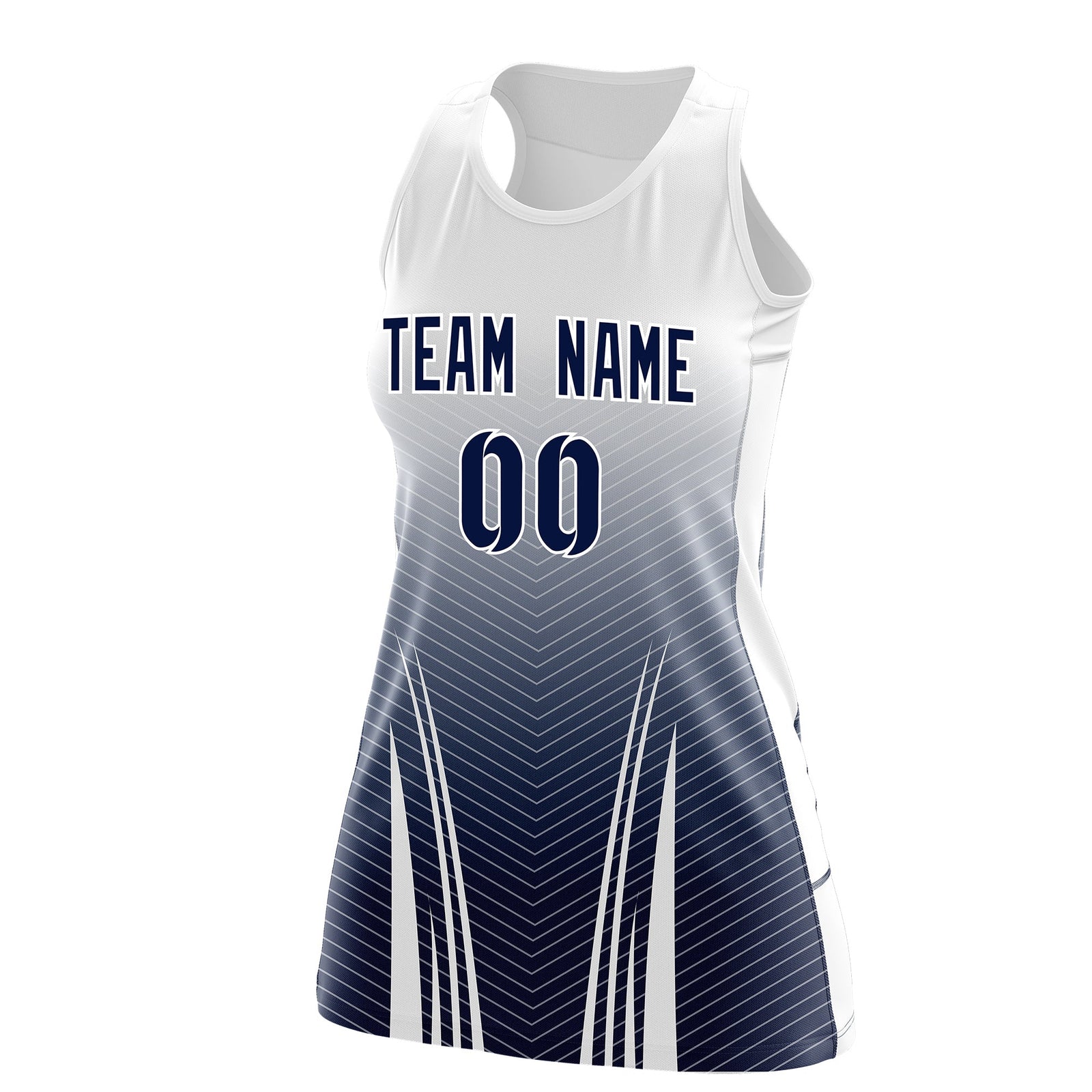Custom Netball Dress White Navy for Women with V-Shaped Pinstripes Personalized Team Uniform