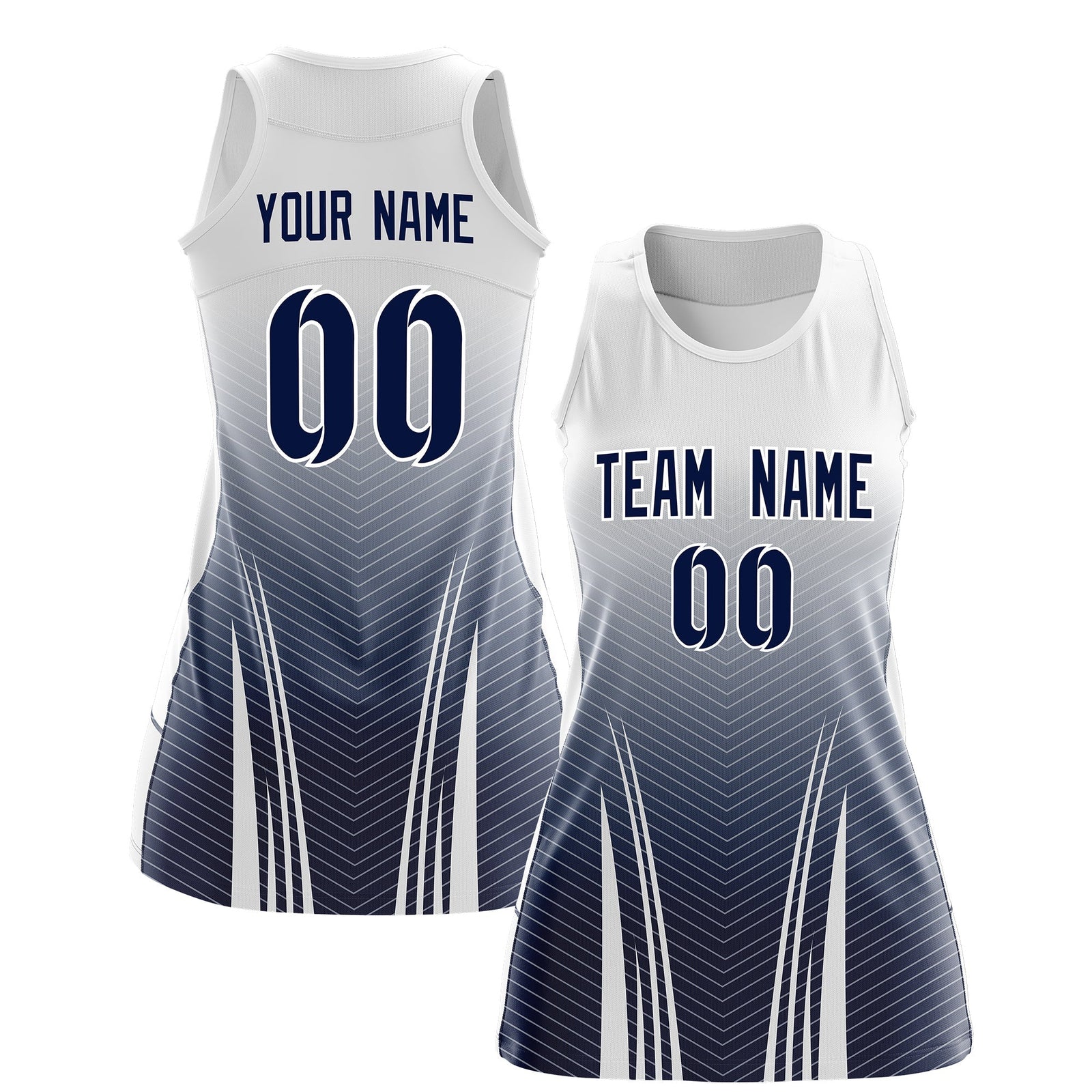 Custom Netball Dress White Navy for Women with V-Shaped Pinstripes Personalized Team Uniform
