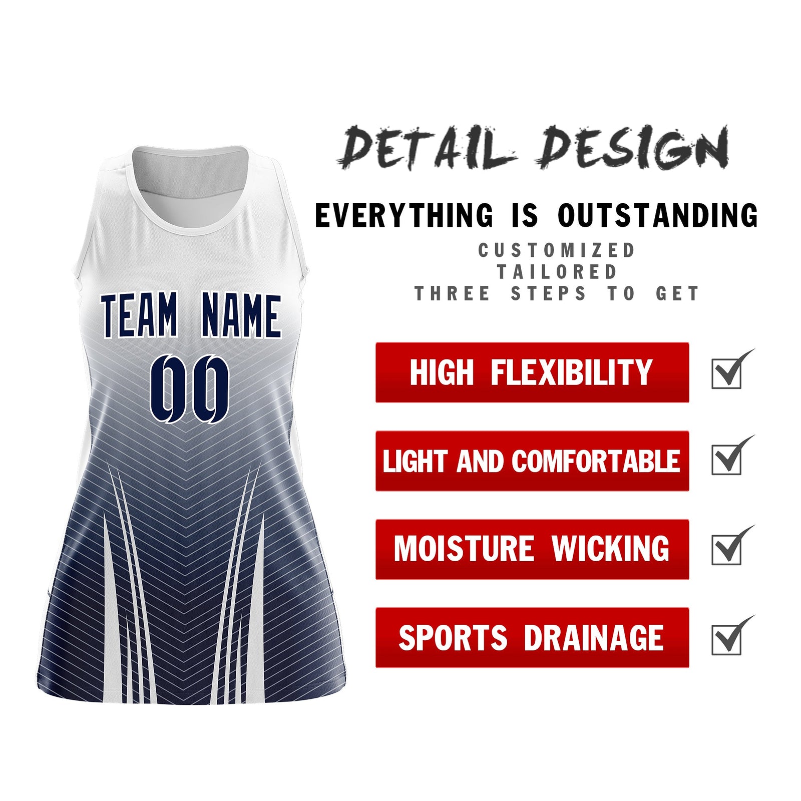 Custom Netball Dress White Navy for Women with V-Shaped Pinstripes Personalized Team Uniform