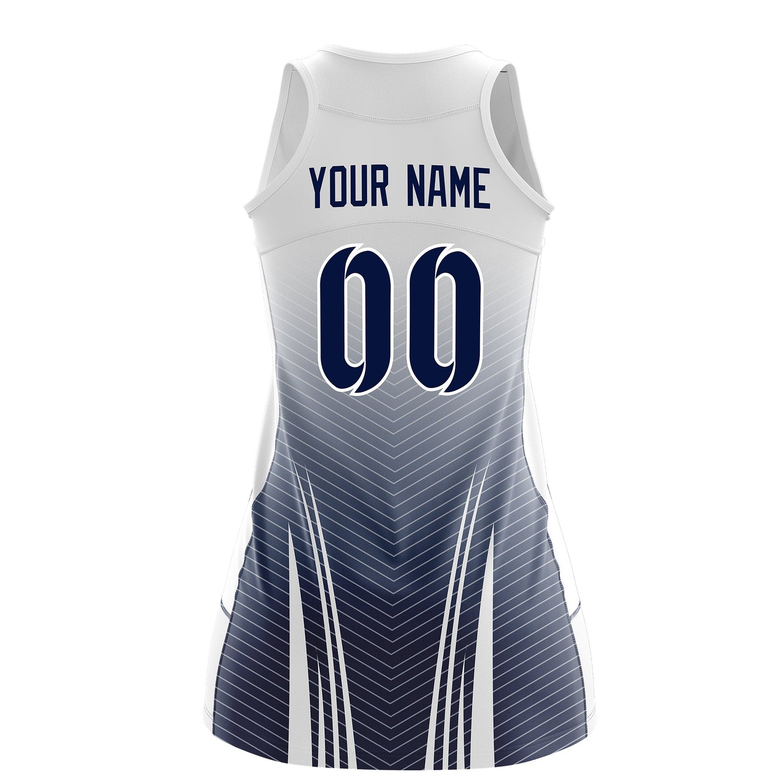 Custom Netball Dress White Navy for Women with V-Shaped Pinstripes Personalized Team Uniform