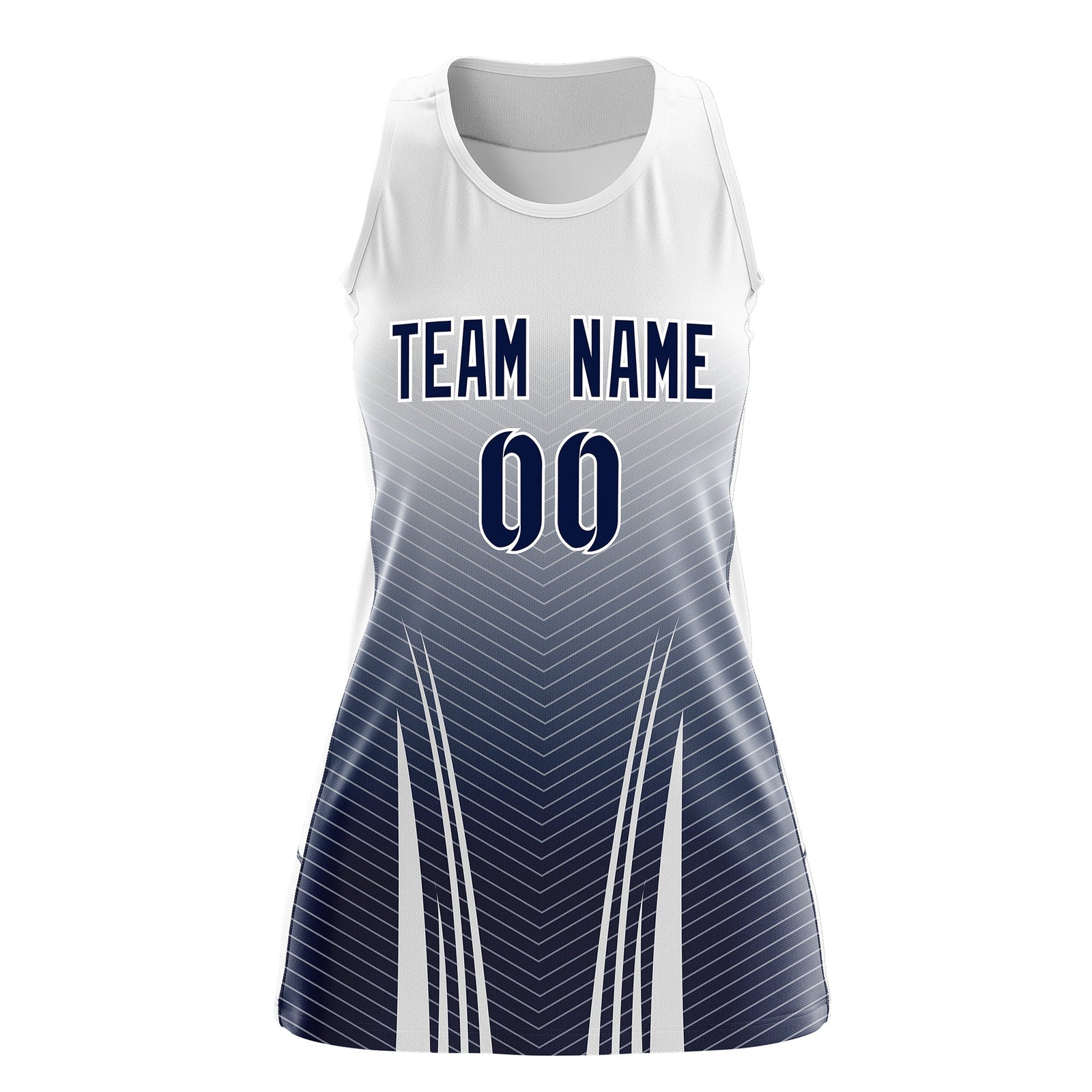 Custom Netball Dress White Navy for Women with V-Shaped Pinstripes Personalized Team Uniform