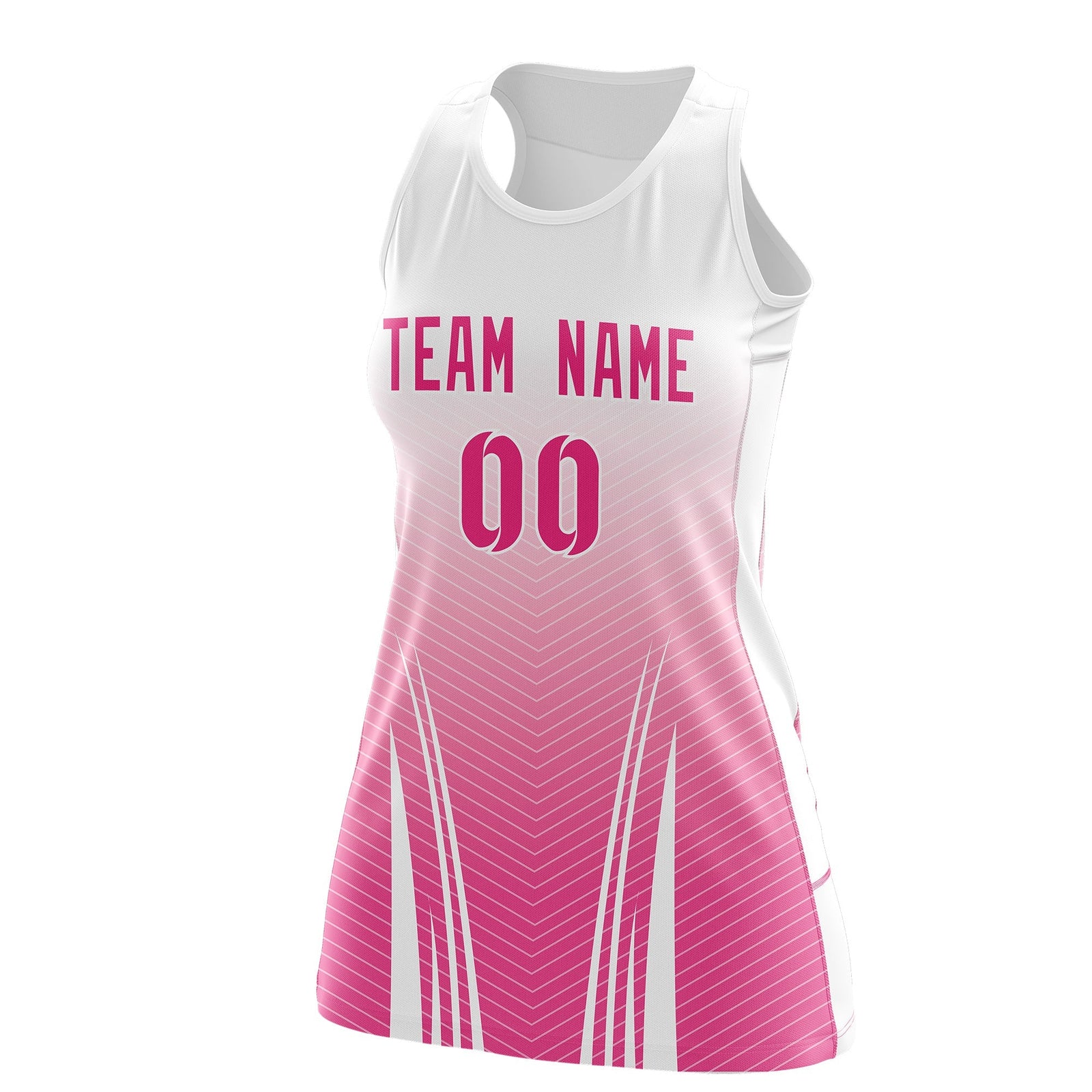 Custom Women Netball Dress | White Pink V-Shaped Pinstripes Uniform with Name & Number