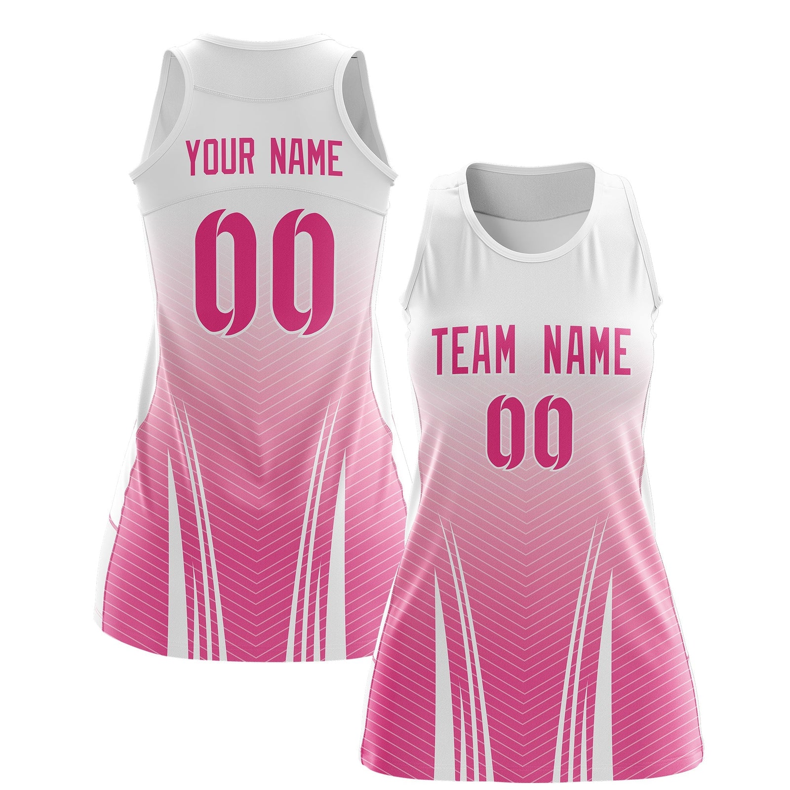 Custom Women Netball Dress | White Pink V-Shaped Pinstripes Uniform with Name & Number