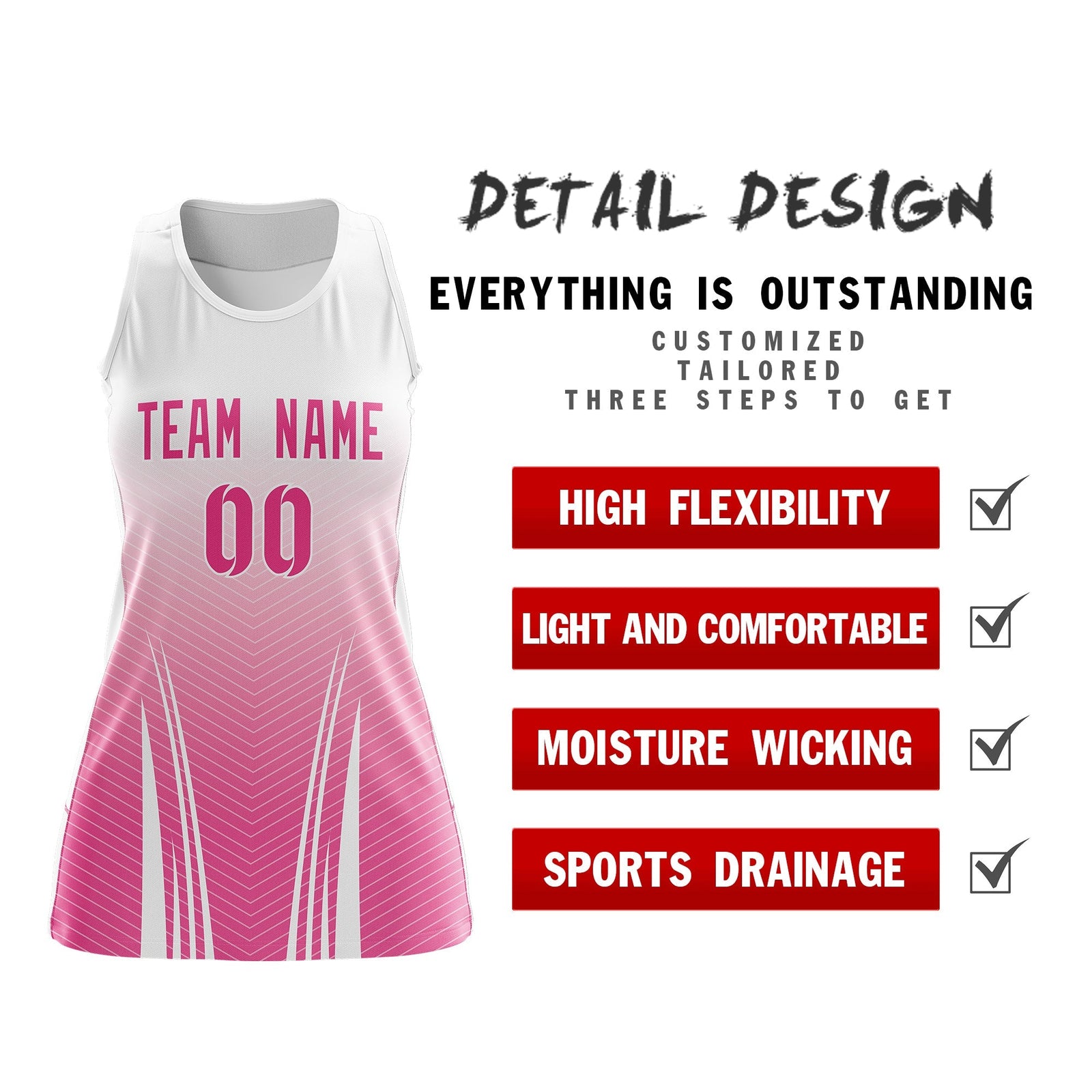 Custom Women Netball Dress | White Pink V-Shaped Pinstripes Uniform with Name & Number