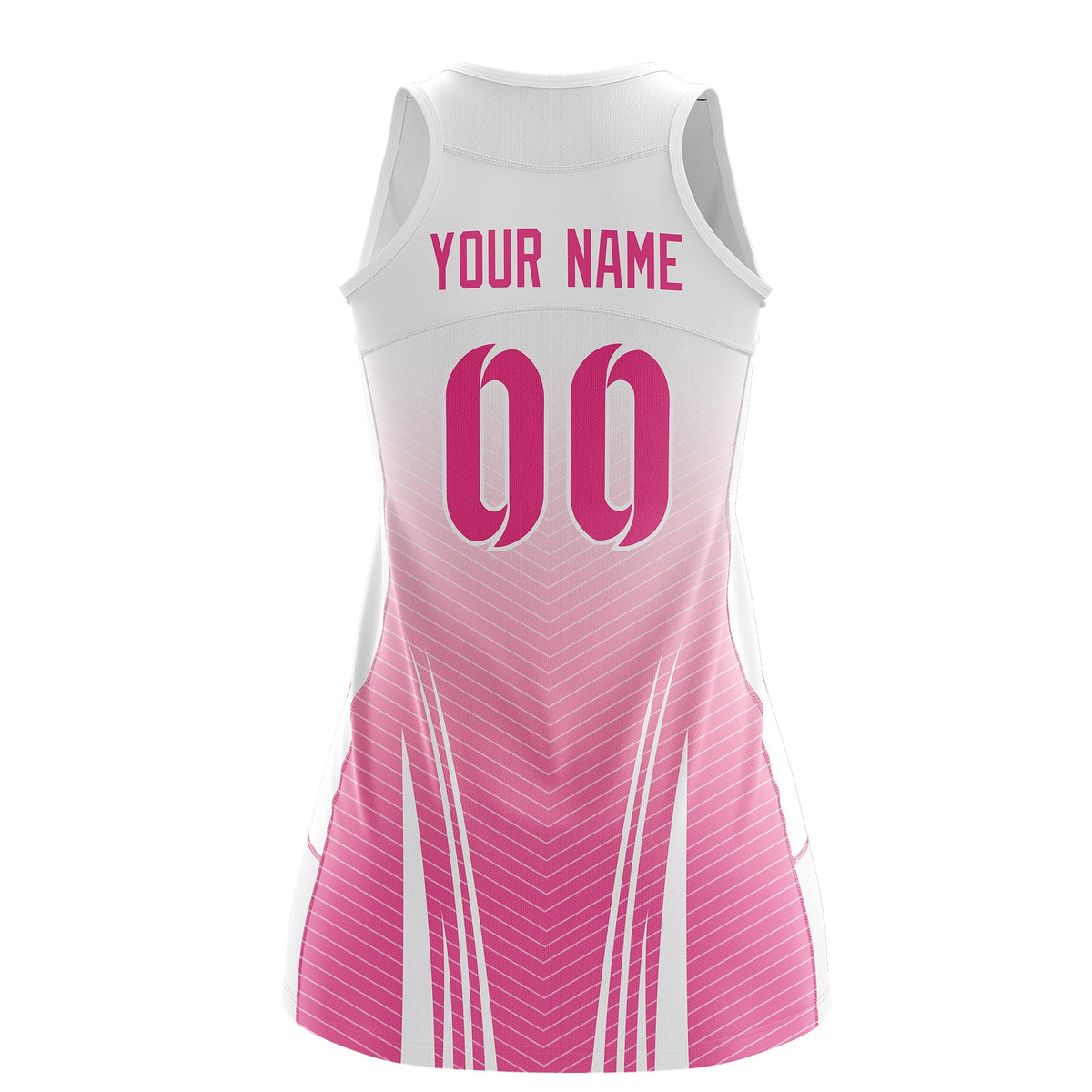 Custom Women Netball Dress | White Pink V-Shaped Pinstripes Uniform with Name &amp; Number