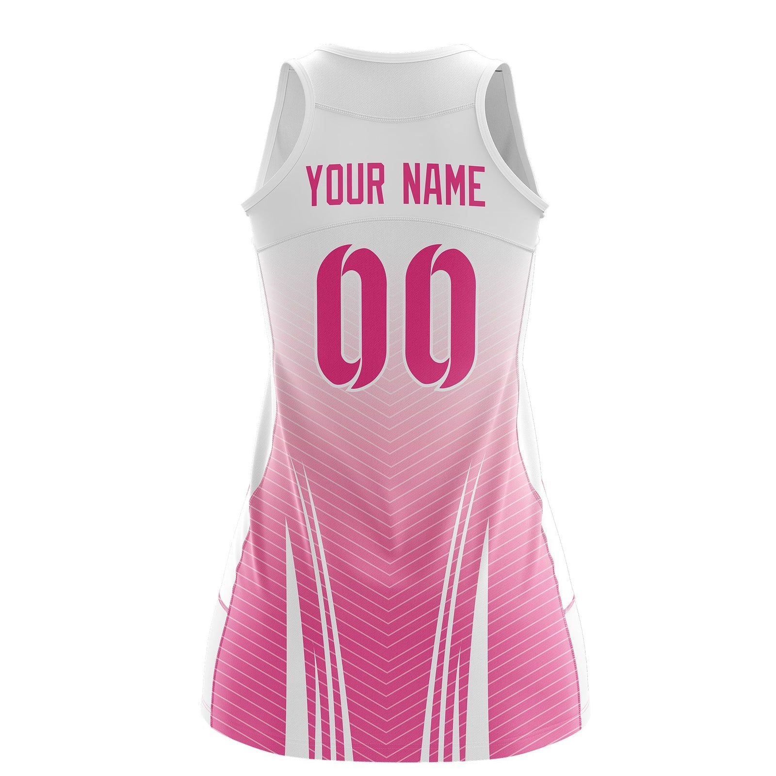 Custom Women Netball Dress | White Pink V-Shaped Pinstripes Uniform with Name & Number