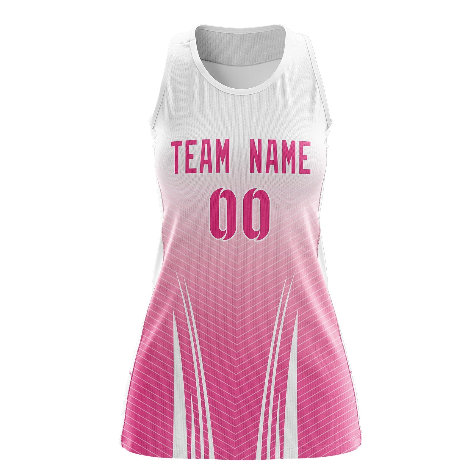 Custom Women Netball Dress | White Pink V-Shaped Pinstripes Uniform with Name & Number
