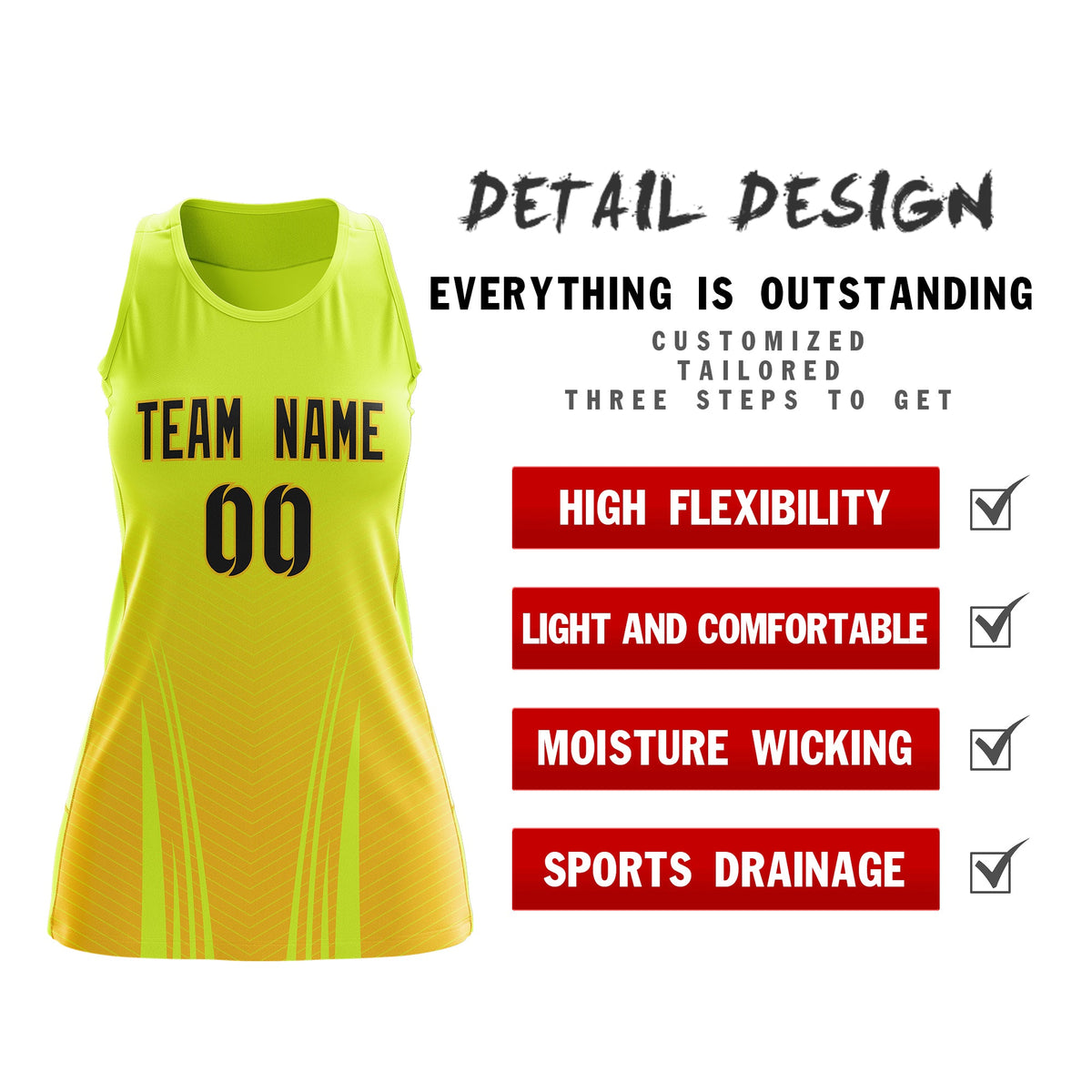 Custom Netball Dress Fluorescent Green Gold for Women with V-Shaped Pinstripes Personalized Team Uniform