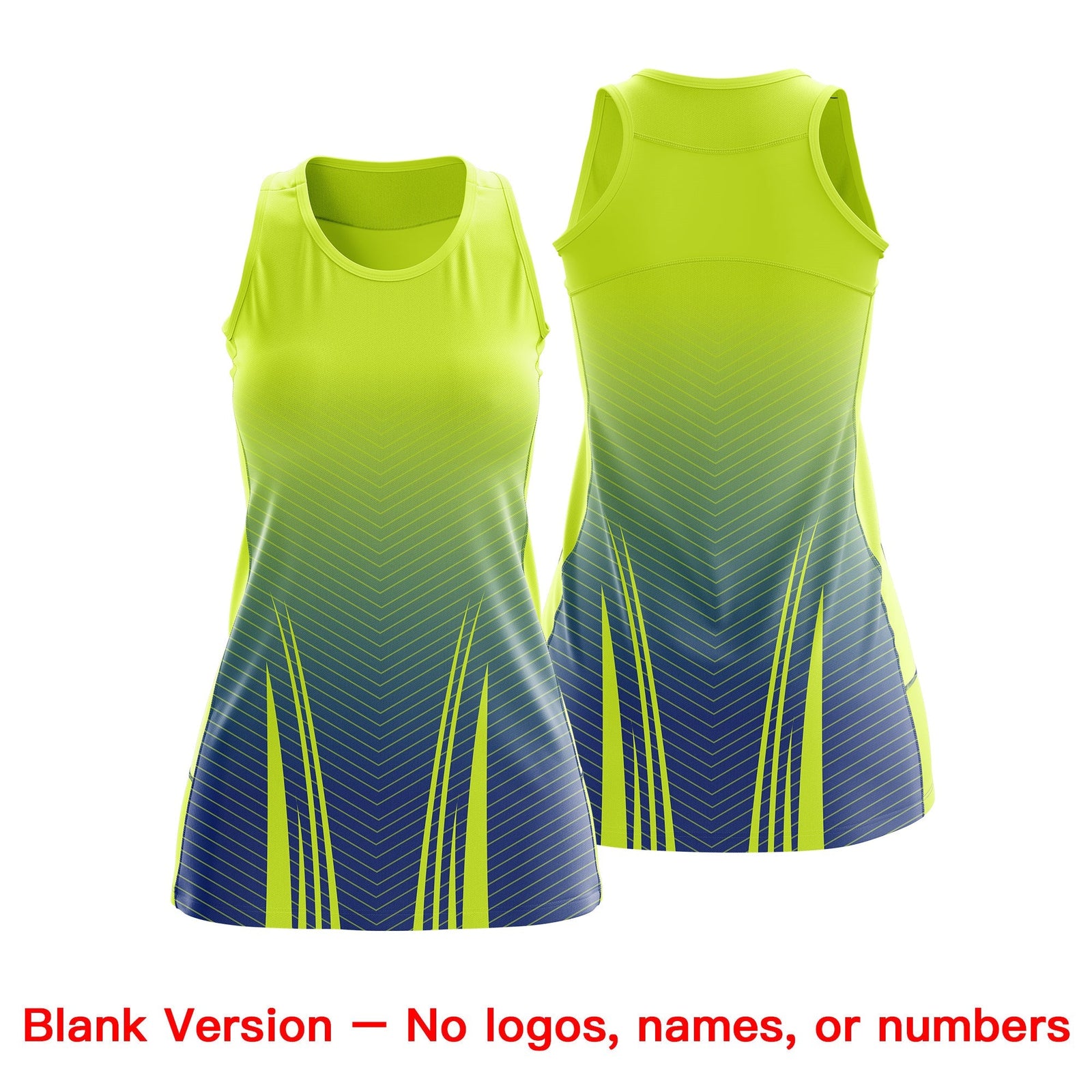 Custom Women Netball Dress | Fluorescent Green Royal Blue V-Shaped Pinstripes Uniform with Name & Number