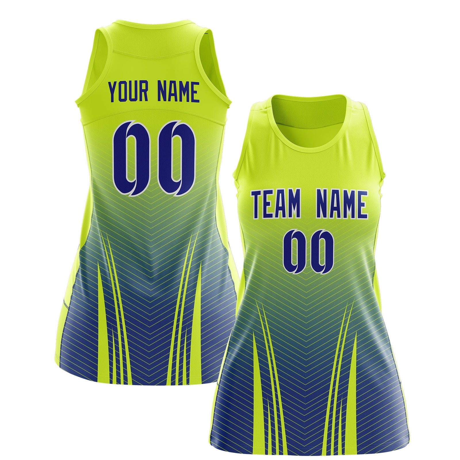 Custom Women Netball Dress | Fluorescent Green Royal Blue V-Shaped Pinstripes Uniform with Name & Number