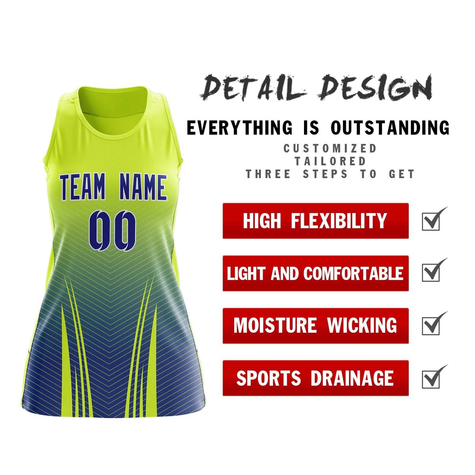 Custom Women Netball Dress | Fluorescent Green Royal Blue V-Shaped Pinstripes Uniform with Name & Number