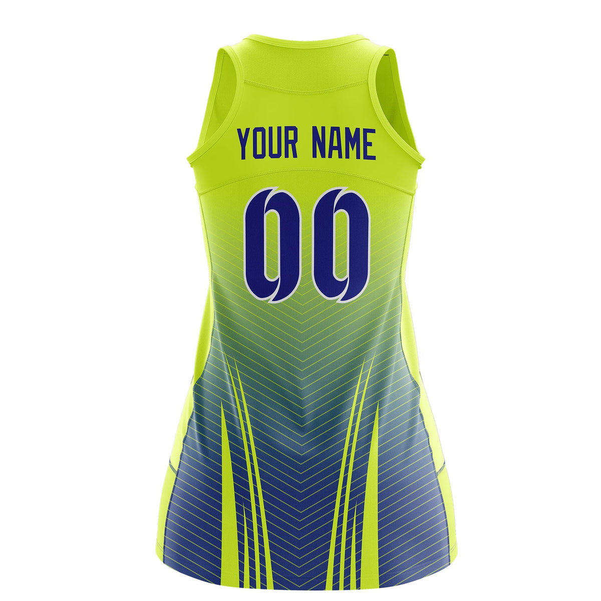 Custom Women Netball Dress | Fluorescent Green Royal Blue V-Shaped Pinstripes Uniform with Name &amp; Number