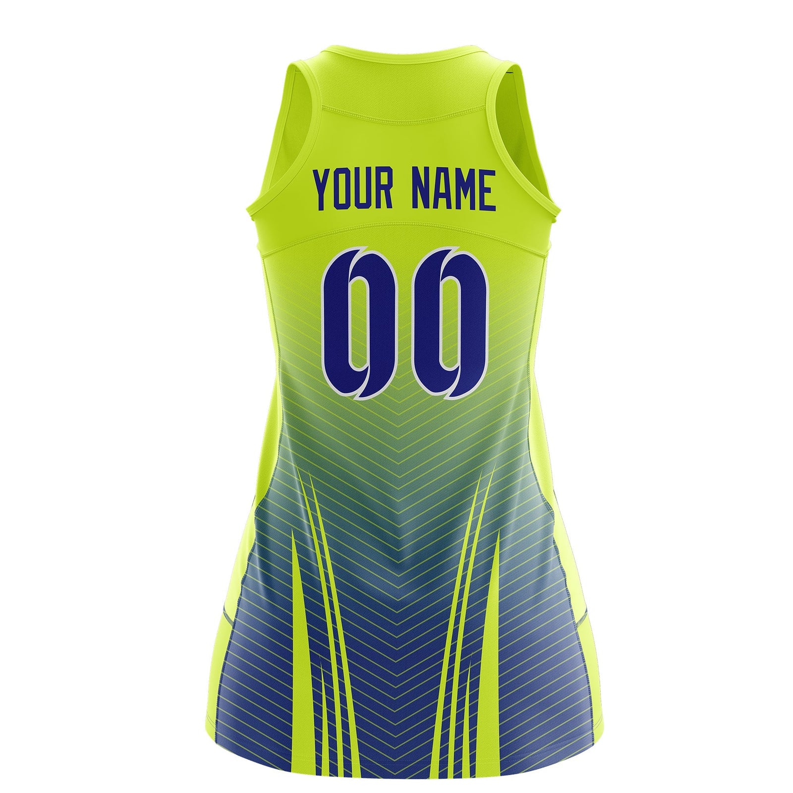 Custom Women Netball Dress | Fluorescent Green Royal Blue V-Shaped Pinstripes Uniform with Name & Number