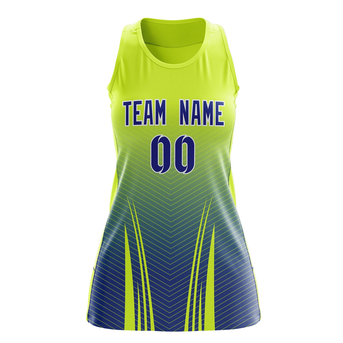 Custom Women Netball Dress | Fluorescent Green Royal Blue V-Shaped Pinstripes Uniform with Name &amp; Number