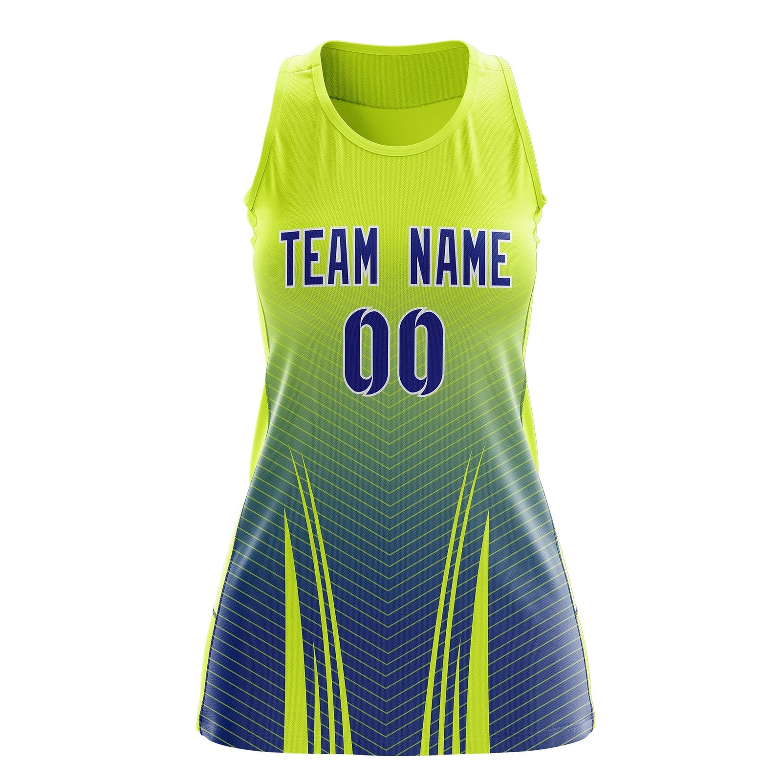 Custom Women Netball Dress | Fluorescent Green Royal Blue V-Shaped Pinstripes Uniform with Name & Number