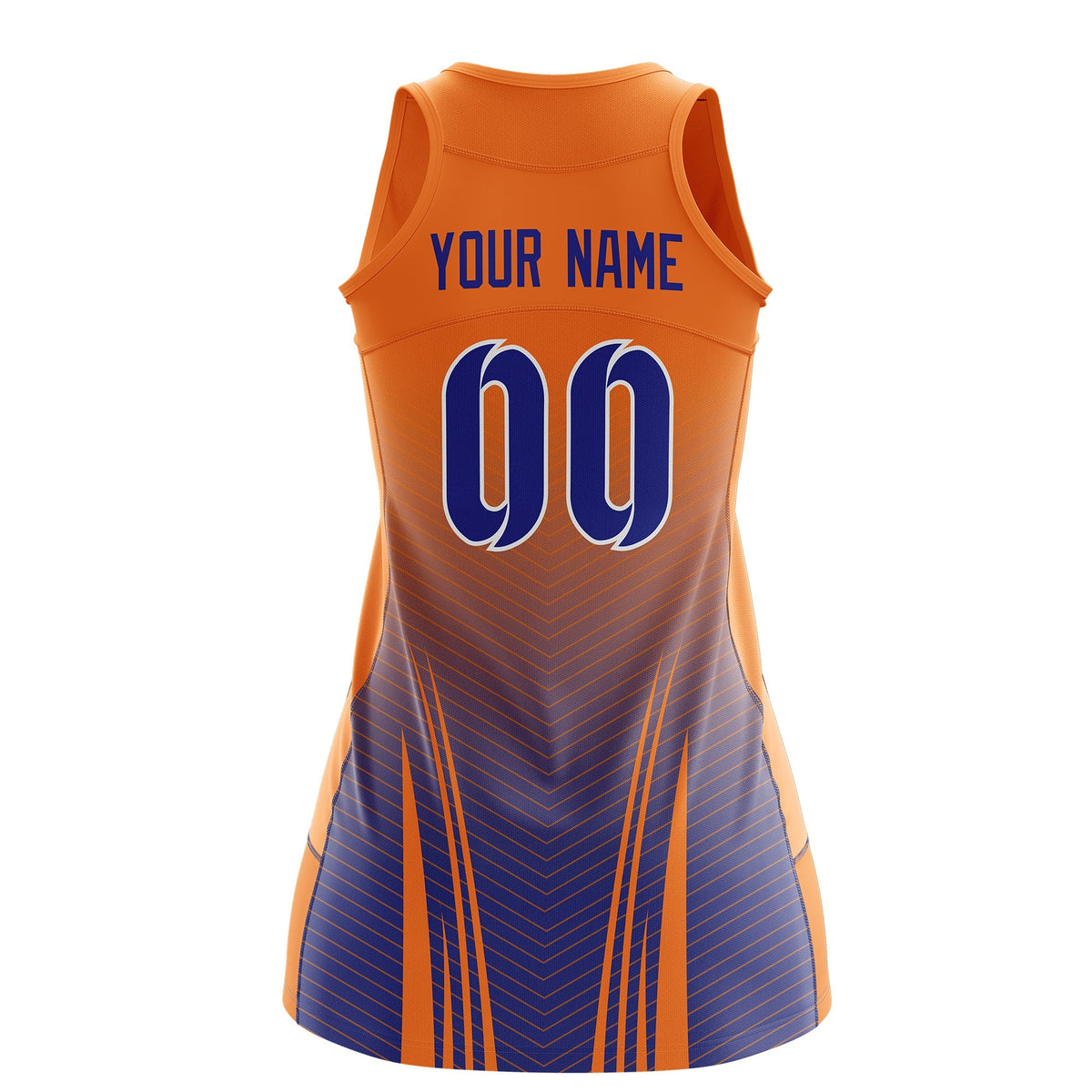 Custom Netball Dress | Orange Royal Blue V-Shaped Pinstripes Gradient Team Uniform