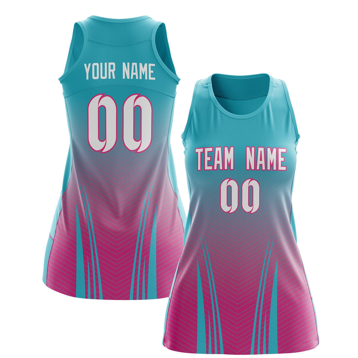 Custom Netball Dress Aqua Rose Red for Women with V-Shaped Pinstripes Personalized Team Uniform